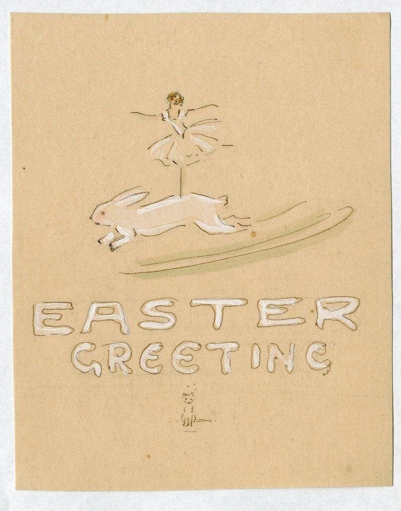 A pen-and-ink drawing of a ballet dancer en pointe with extended arms, above a leaping white rabbit; text below reads 'EASTER GREETING.'