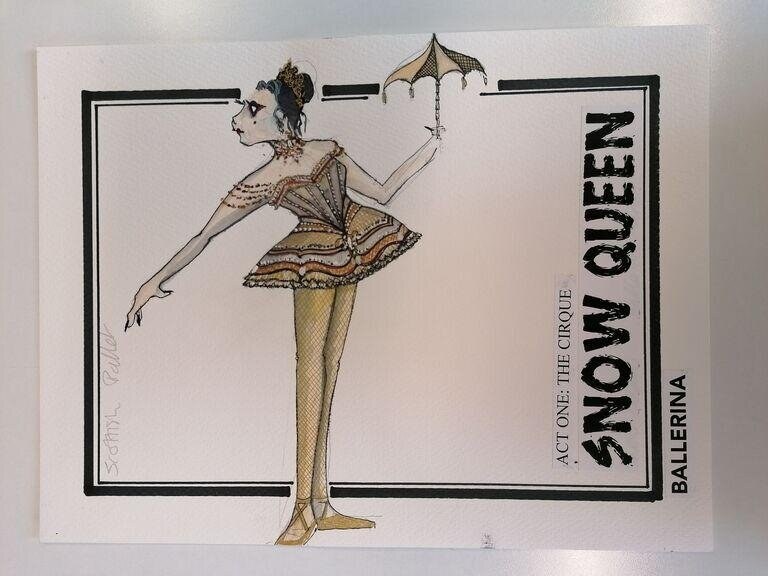 Costume design drawing of a balletic figure in profile holding a parasol, wearing a gold tiered tutu and ornate bodice.