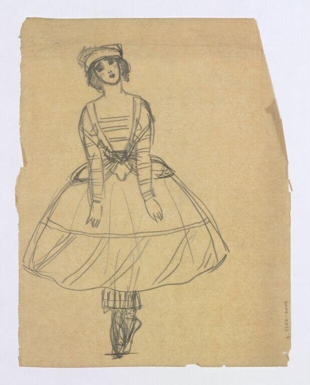 Pencil sketch of a woman in early 20th-century dress with tilted hat and voluminous skirt, gazing upward with arms held away from her body.