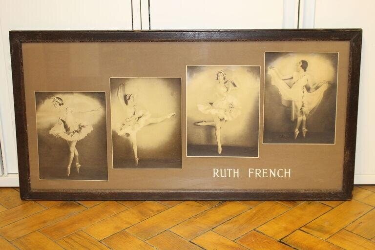 Four sepia-toned studio photographs of a ballet dancer in classical positions, mounted on a single board labeled Ruth French.