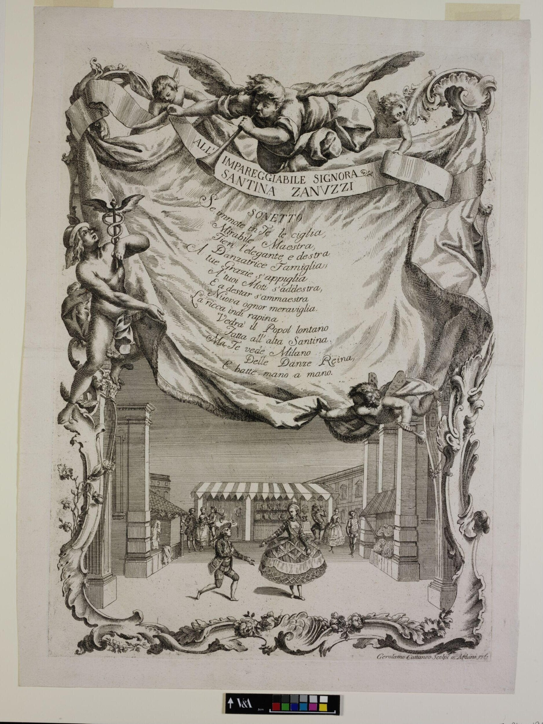 Engraved title page with elaborate scrollwork border and a theatrical scene below showing a formally dressed couple dancing indoors, surrounded by musicians.