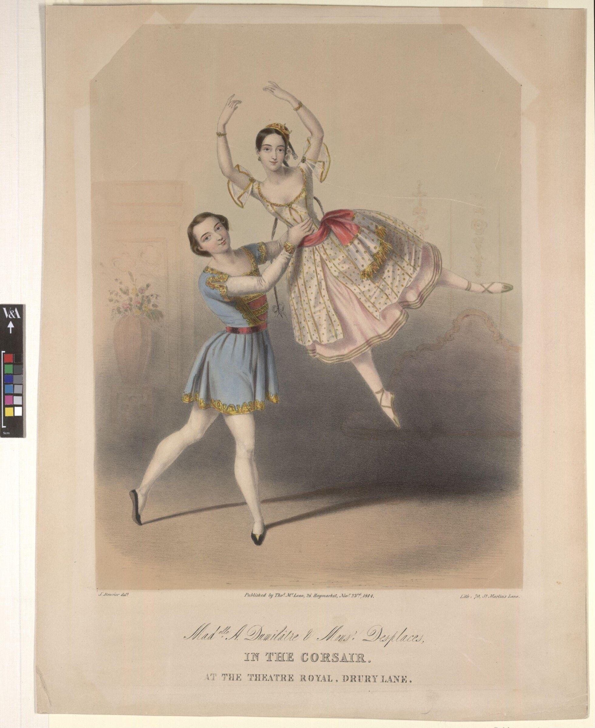 Two female ballet dancers in romantic tutus pose on stage; the principal extends her leg in an arabesque while a supporting dancer assists her.