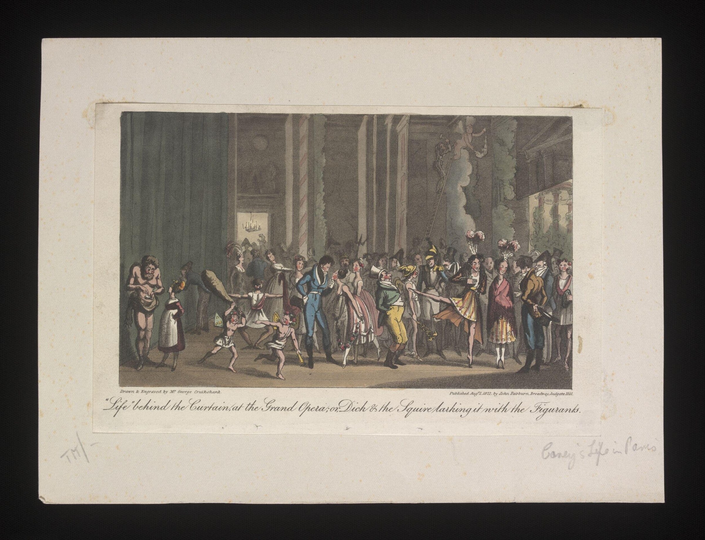 Satirical engraving of two grotesquely posturing men amid fashionably dressed spectators and scantily clad ballet dancers in an opera house interior.