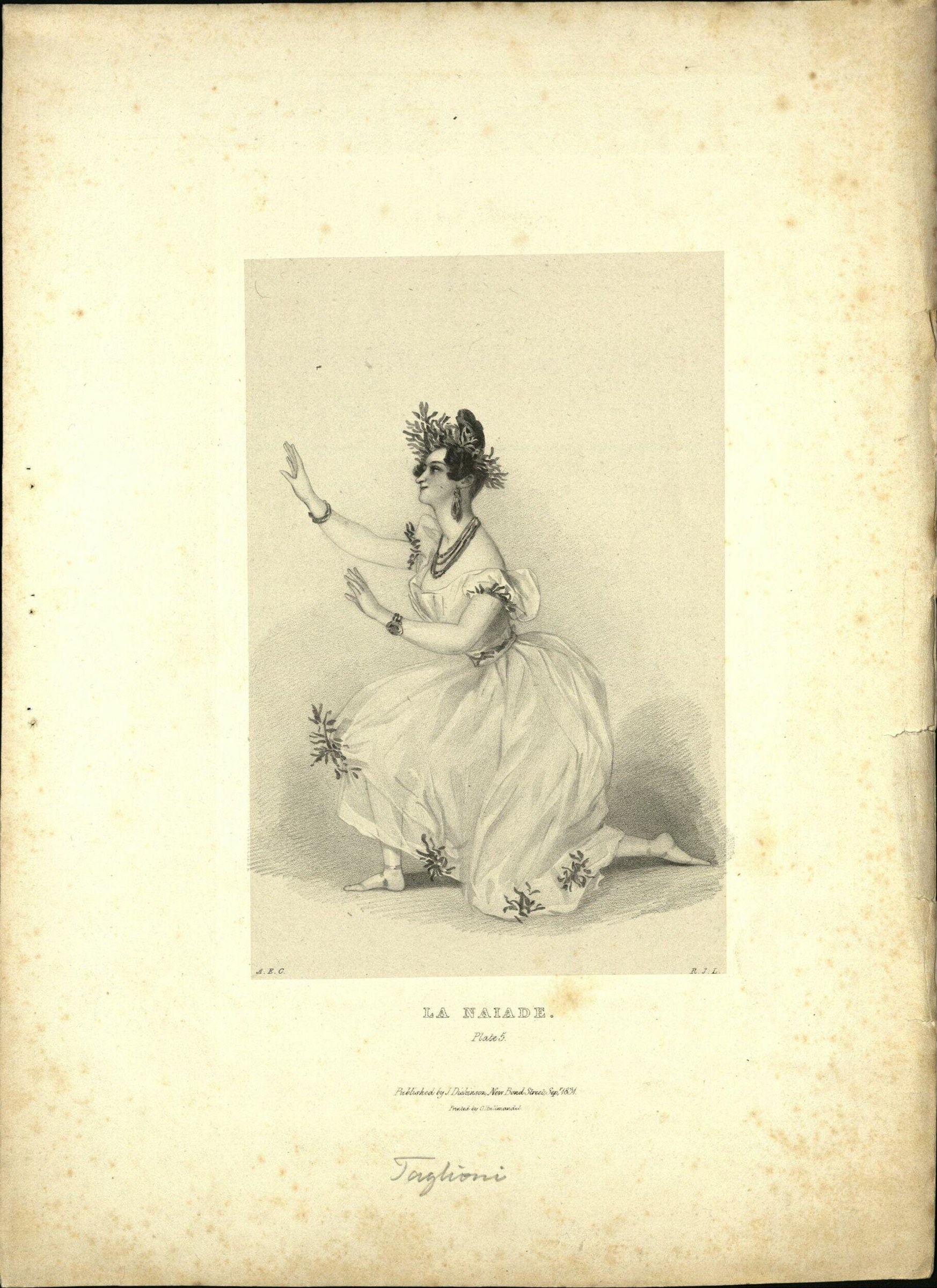 Engraving of a female dancer in a white empire-waist gown with arms raised, posed in a weightless, ethereal attitude.