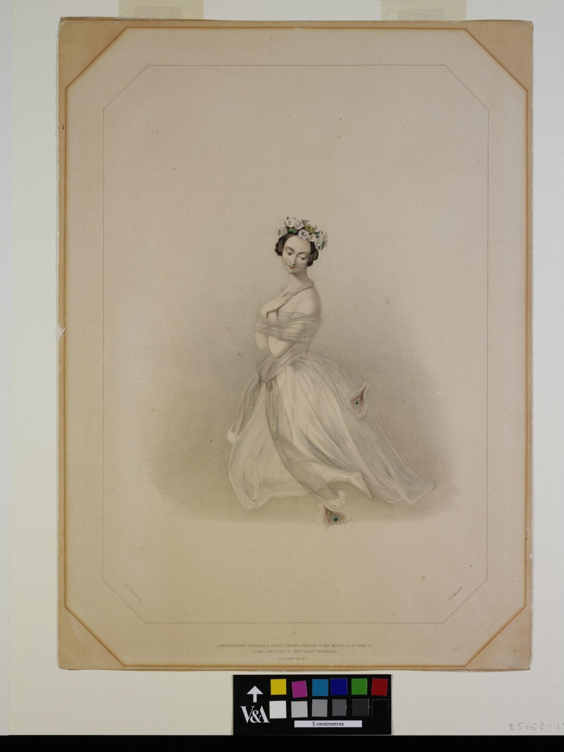 A young woman in a white ball gown with flower crown in her dark hair, standing in an elegant contrapposto pose with her right arm extended, gazing downward.