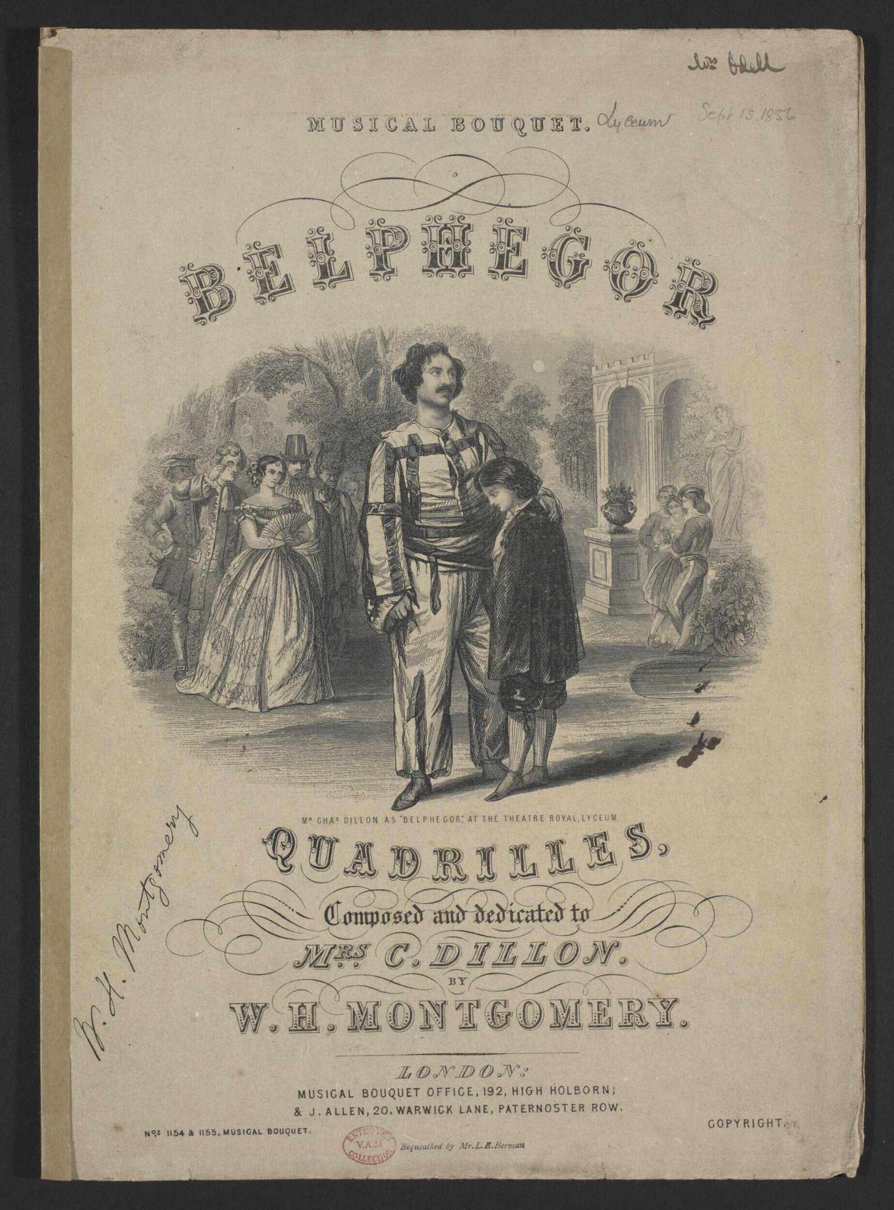 Steel engraving of a ballroom scene with a military-dressed man and elaborately gowned woman in center, architectural setting, from the sheet music title page