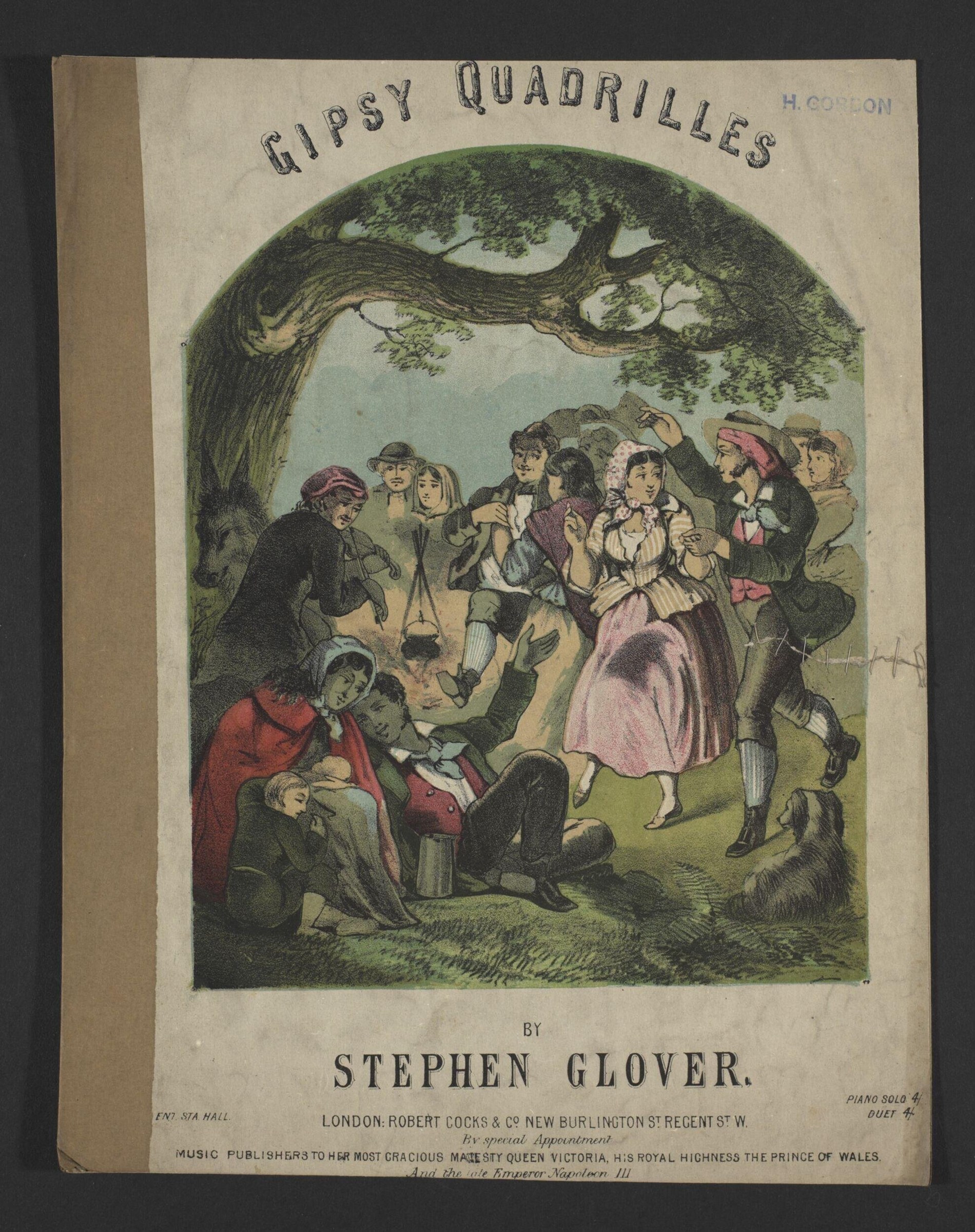 Hand-colored engraving of a Victorian garden gathering showing a dozen figures in period dress beneath a tree, arranged in loose groups suggesting a formal