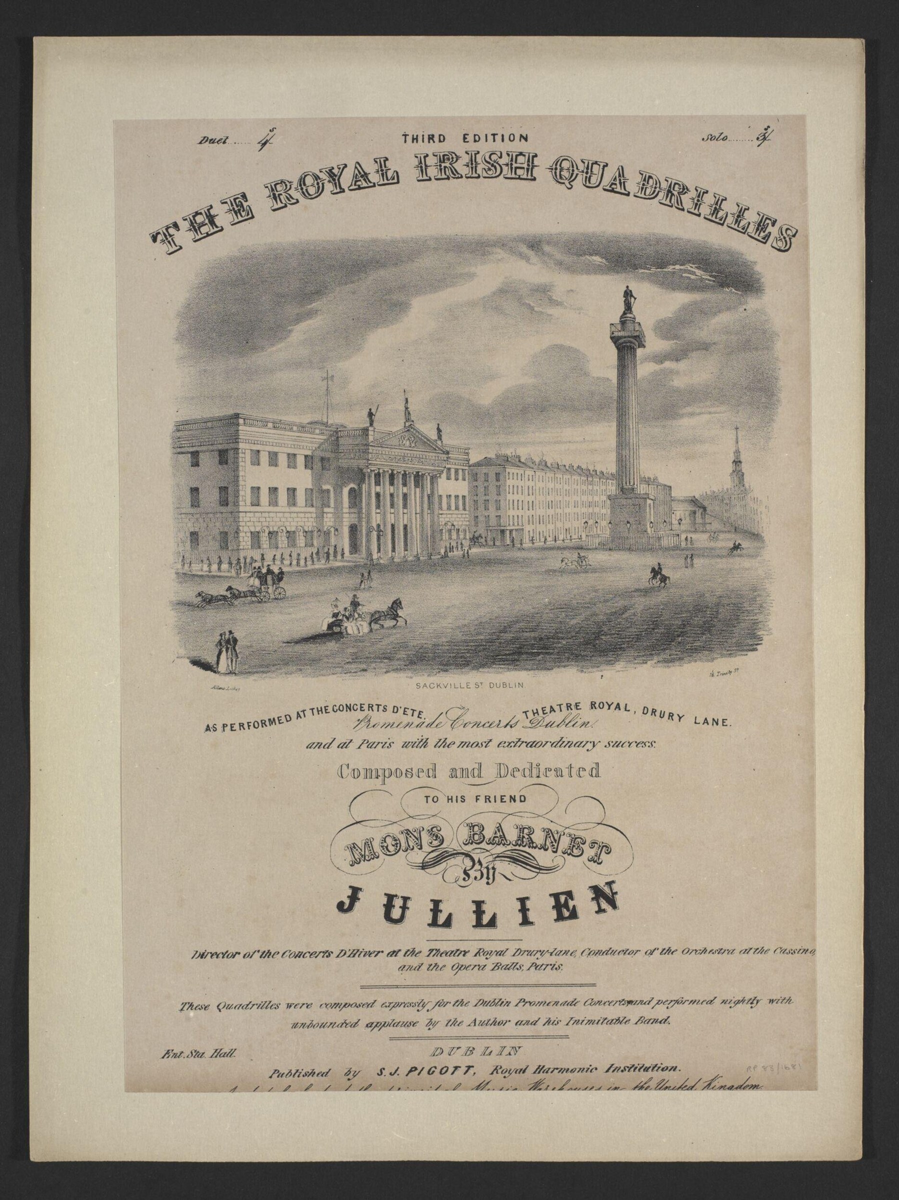 Engraved title page showing a grand neoclassical building in Dublin with a tall column monument, inscribed with the title The Royal Irish Quadrilles by Jullien.