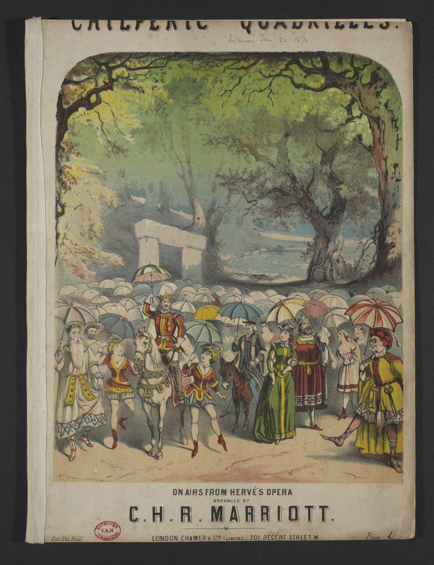 Colored lithograph of an operatic scene: elegant figures in jewel-toned costumes holding umbrellas beneath ancient trees, with a classical pavilion visible