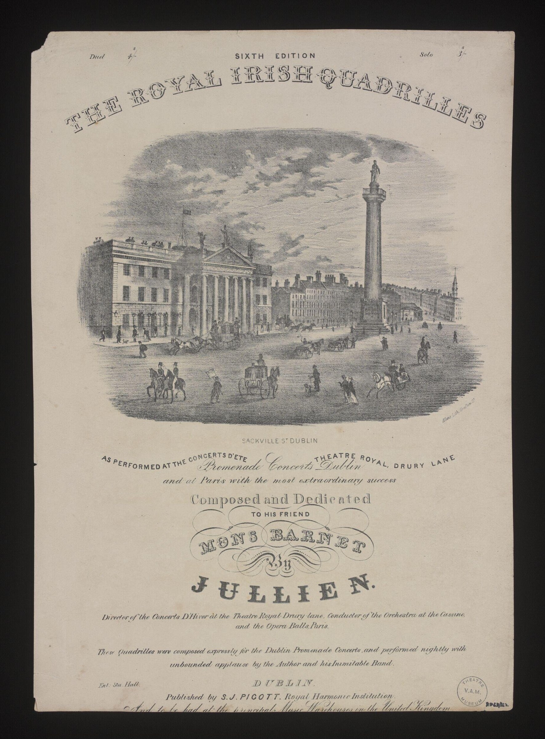 Title page of printed music score showing an engraved view of Sackville Street in Dublin with Georgian architecture and crowds, crediting composer Louis
