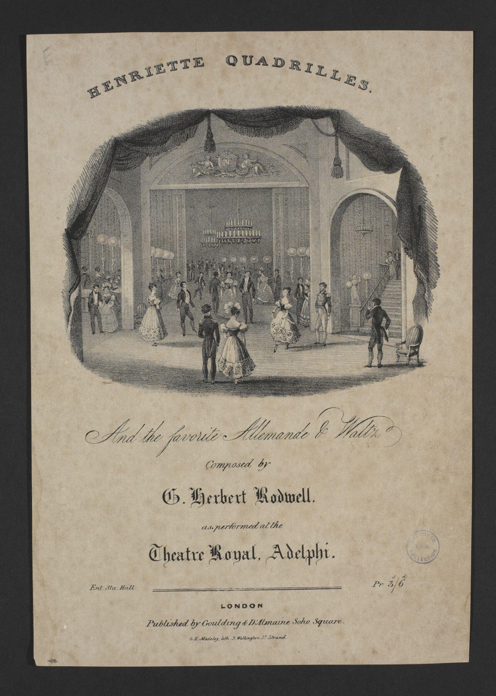 Engraved ballroom scene with multiple couples in 1840s dress performing a quadrille within a theatrical proscenium arch.