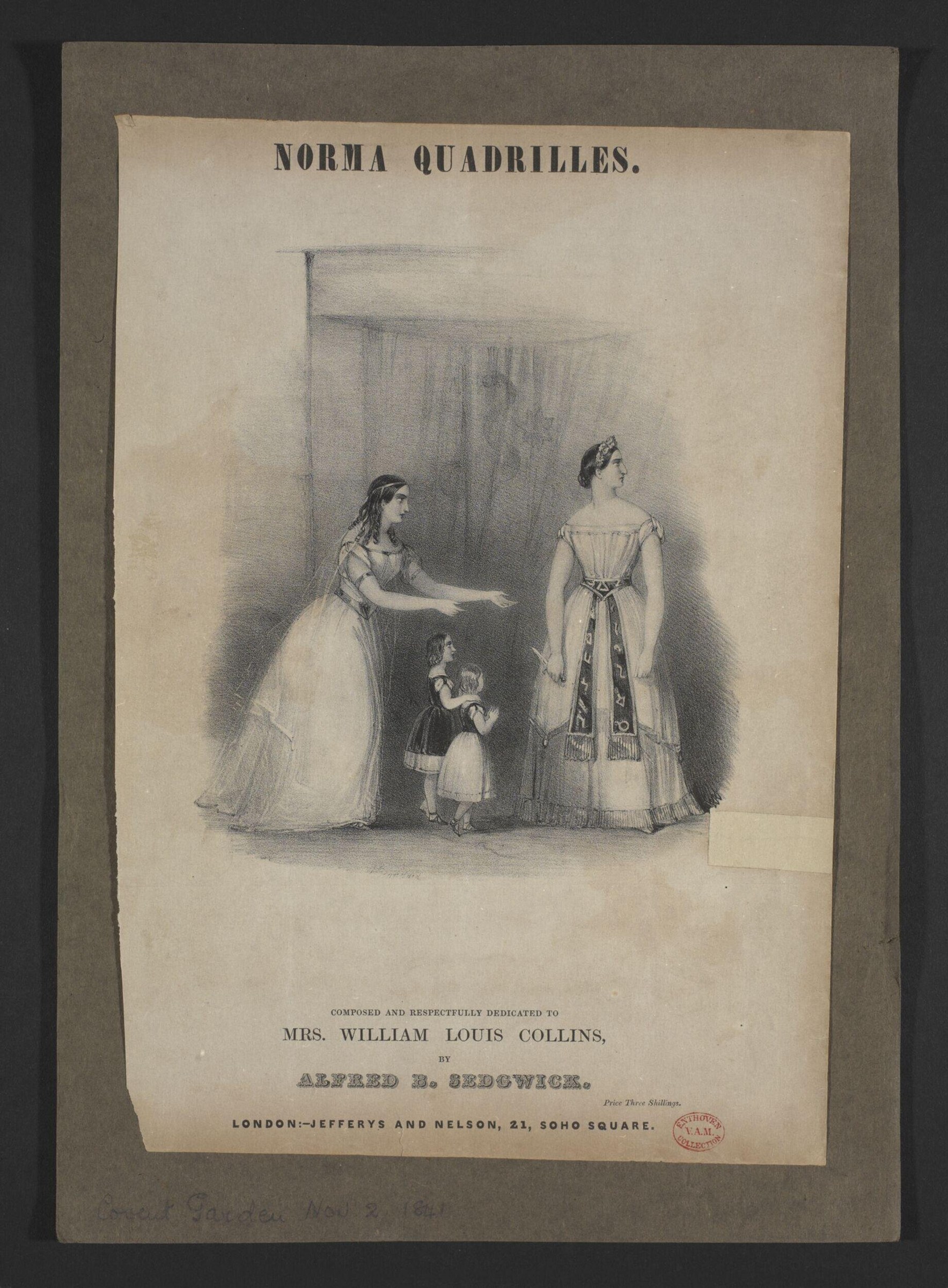 Three women in white 1840s dresses: one gestures while teaching, a child stands between them, and a third listens, demonstrating quadrille posture.