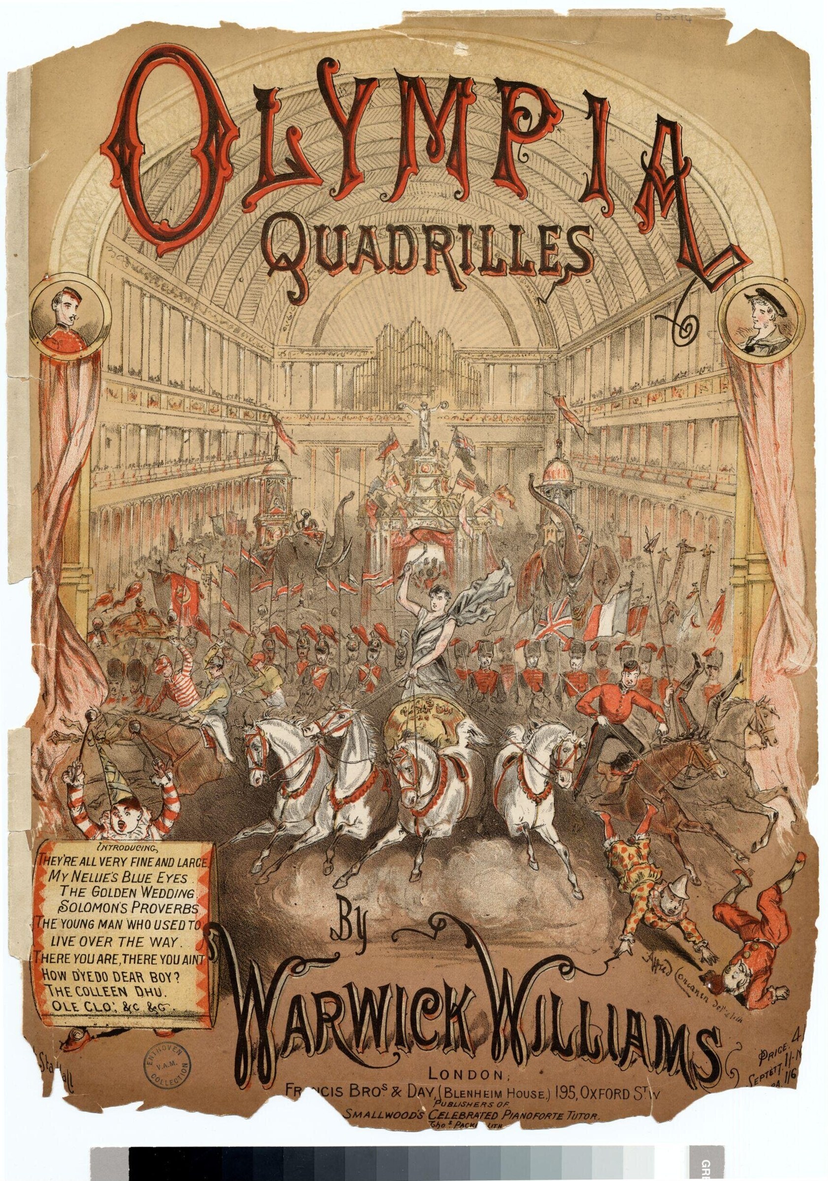 Hand-colored engraving of mounted quadrille performers in red uniforms riding four white horses in geometric formation in a grand amphitheater filled with