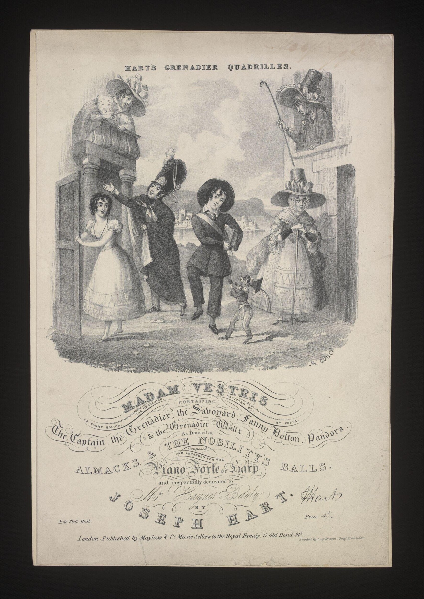 Steel engraving of fashionable figures in Regency dress gathered on a street, with two figures gesturing from architectural perches above.