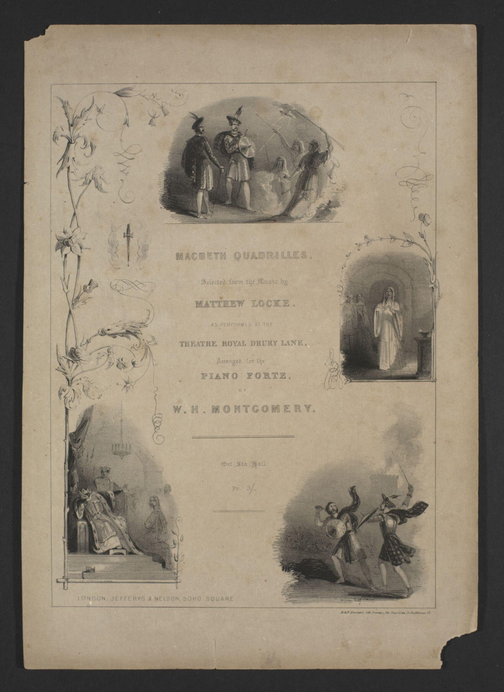 Title page engraving for Macbeth Quadrilles showing four theatrical vignettes: upper left and right show figures in Regency dress in refined conversation and