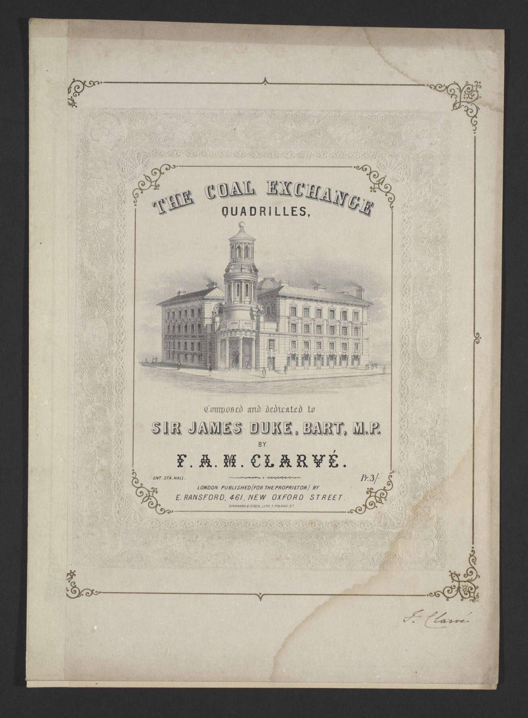 Title page of sheet music for The Coal Exchange Quadrilles, featuring an engraved architectural rendering of a Victorian building with a central tower.