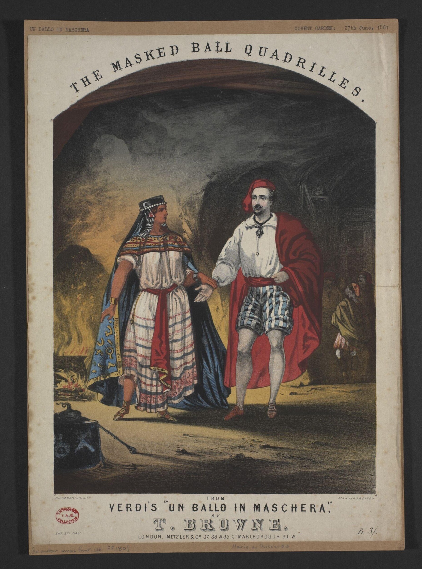 Two figures in 1860s costume face each other in a stone vaulted chamber lit by firelight. The man extends his hand in invitation to the woman.