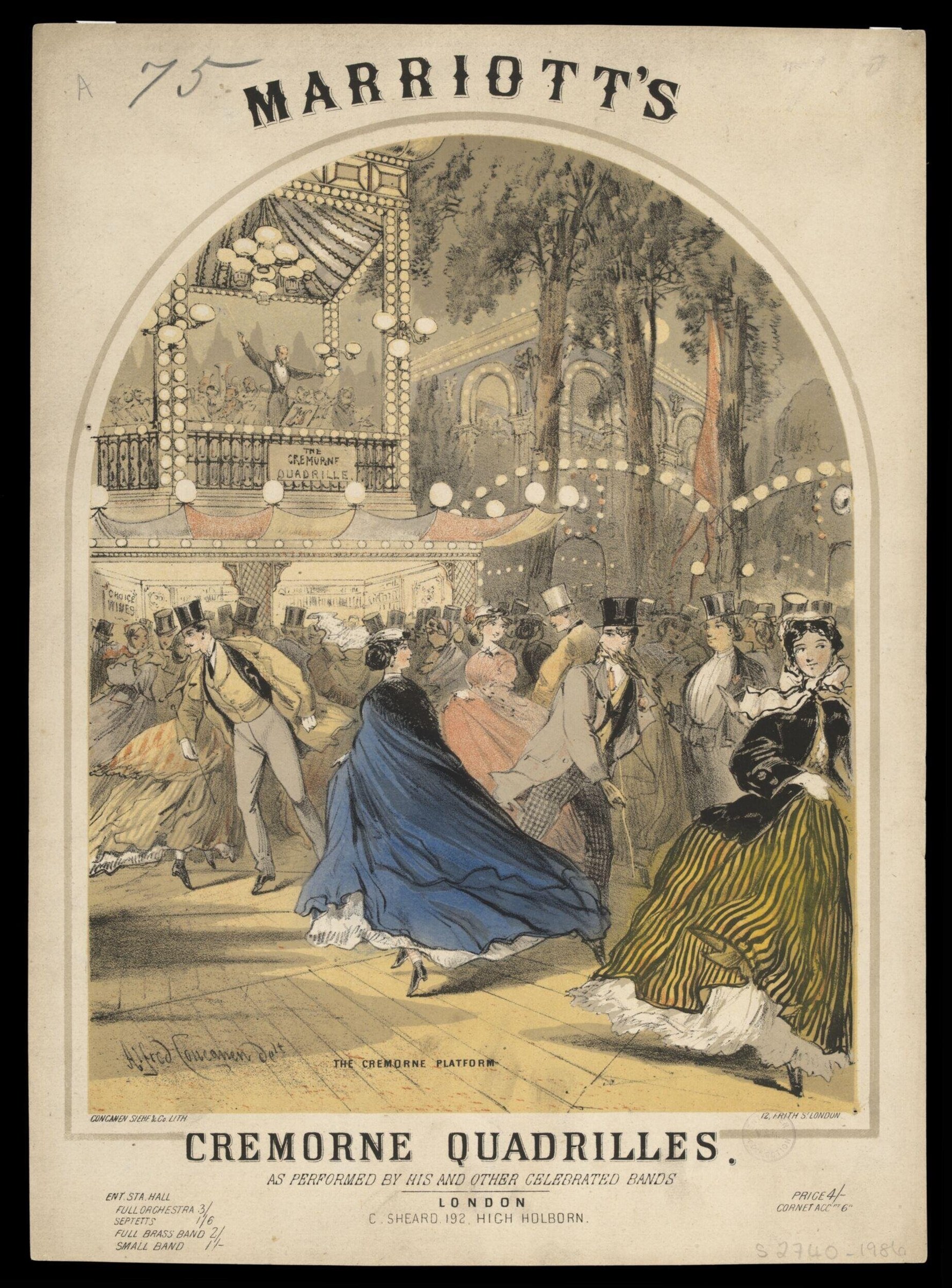 Chromolithograph of a crowded Victorian ballroom with couples dancing the quadrille beneath hanging lanterns at Cremorne Gardens, London.
