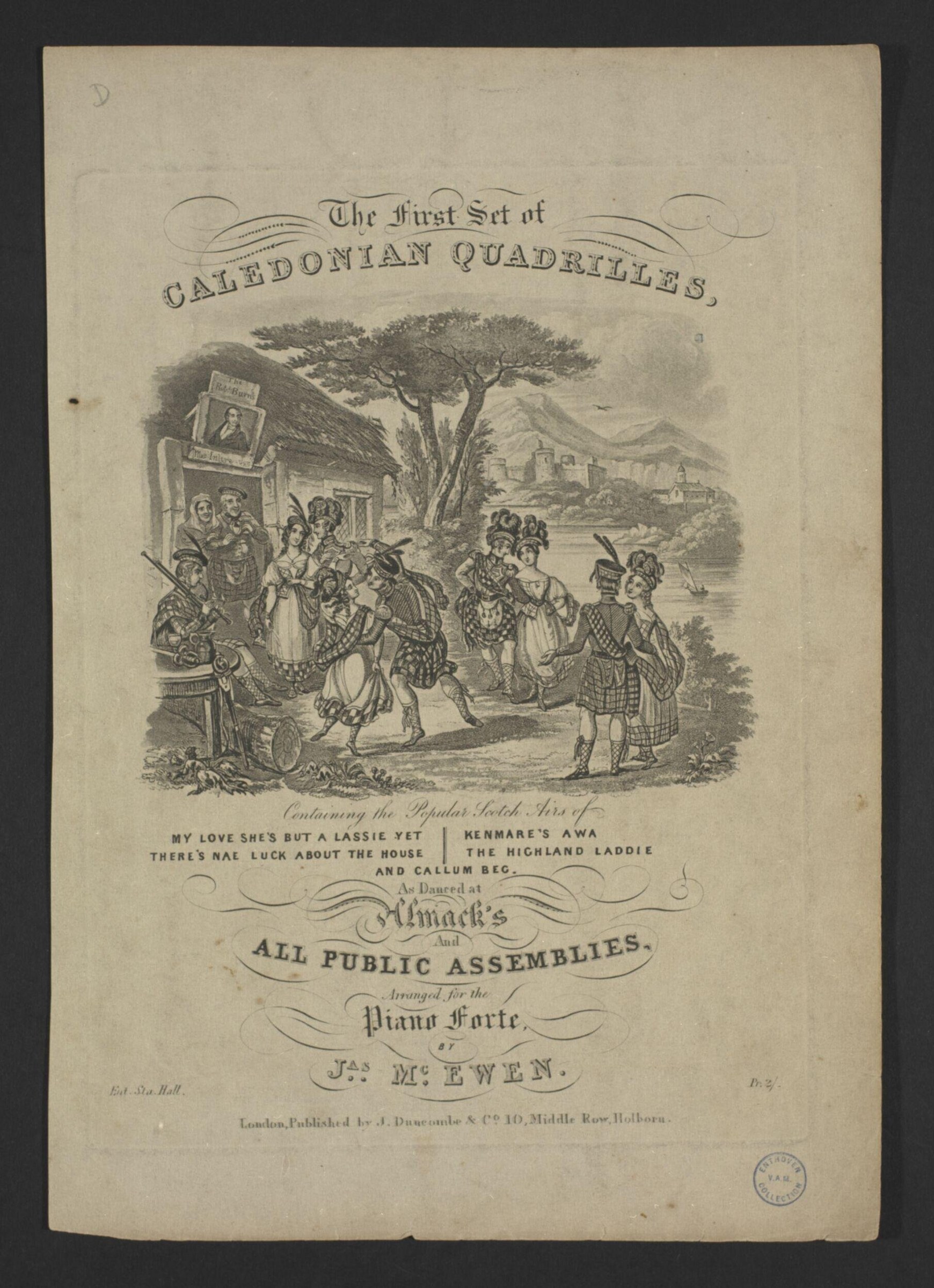 Engraved title page with Highland landscape: figures in Scottish dress gather beneath a spreading tree; distant castle on hillside; sheet music publication