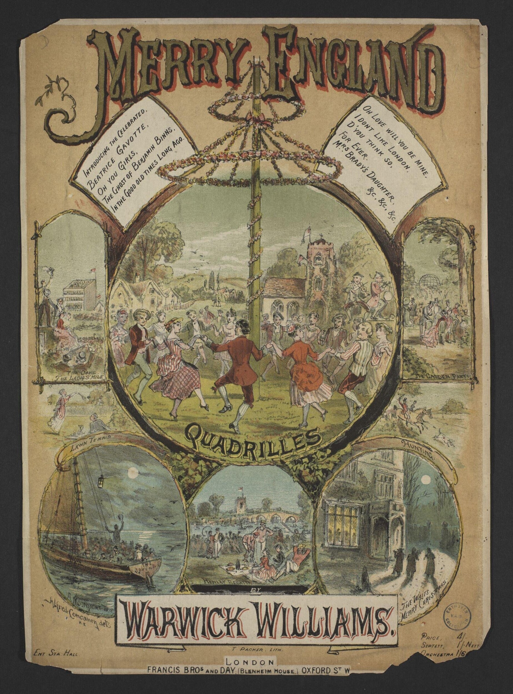 Six Victorian dancers in bright dress circle a mistletoe pole in a lithographed quadrille instruction cover by Warwick Williams.