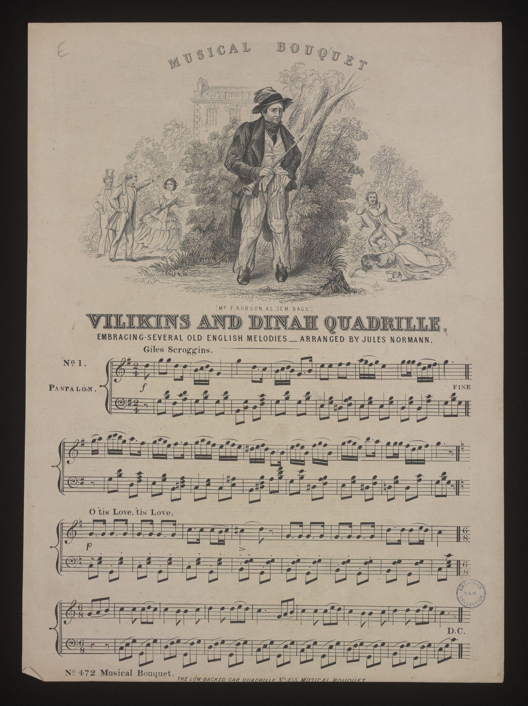 Engraved sheet music title page showing a man in tailcoat and hat standing among five other formally dressed figures in a garden setting, with musical score
