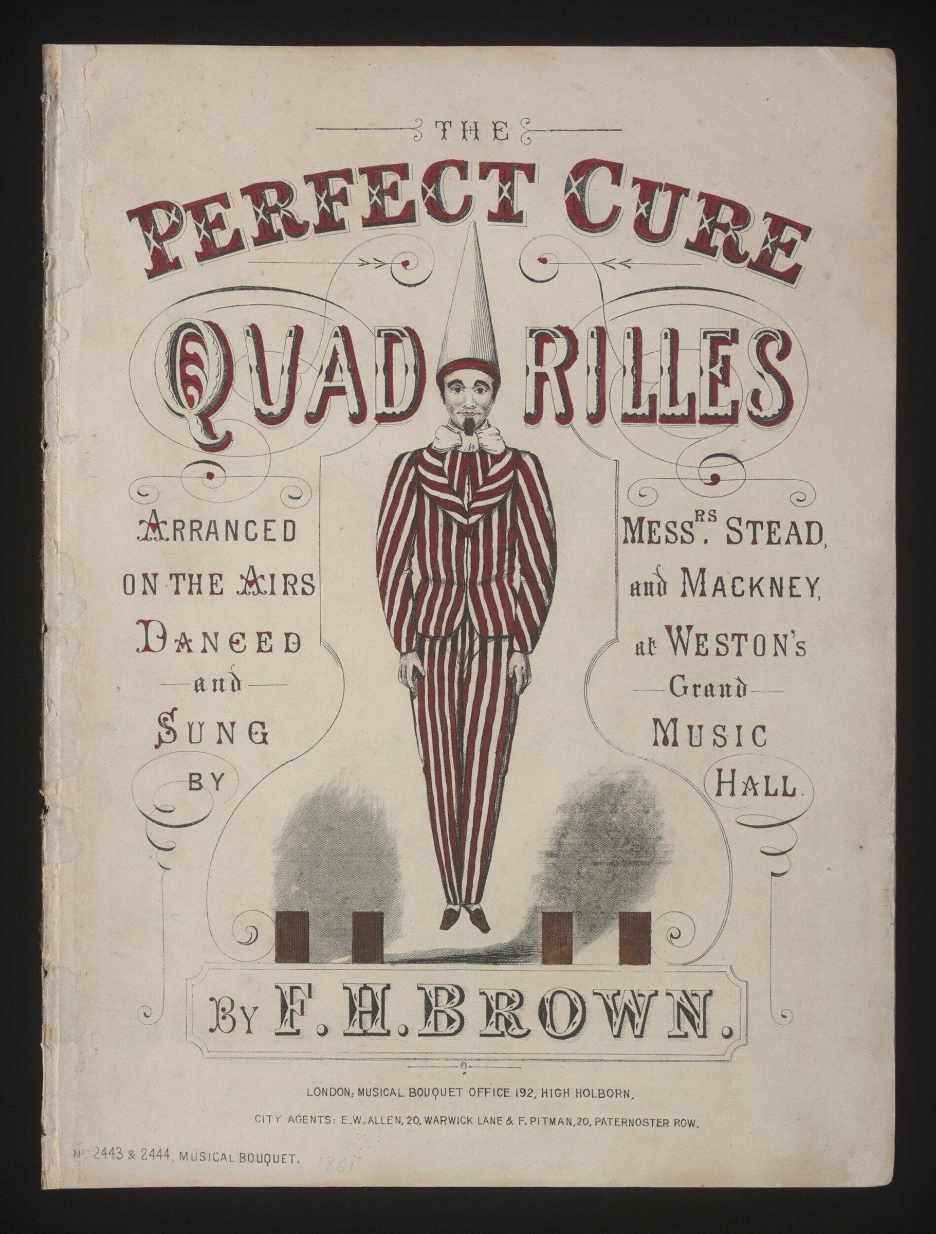 Cover of Victorian sheet music showing a tall figure in vertical striped burgundy and cream costume with pointed hat, centered against plain background.