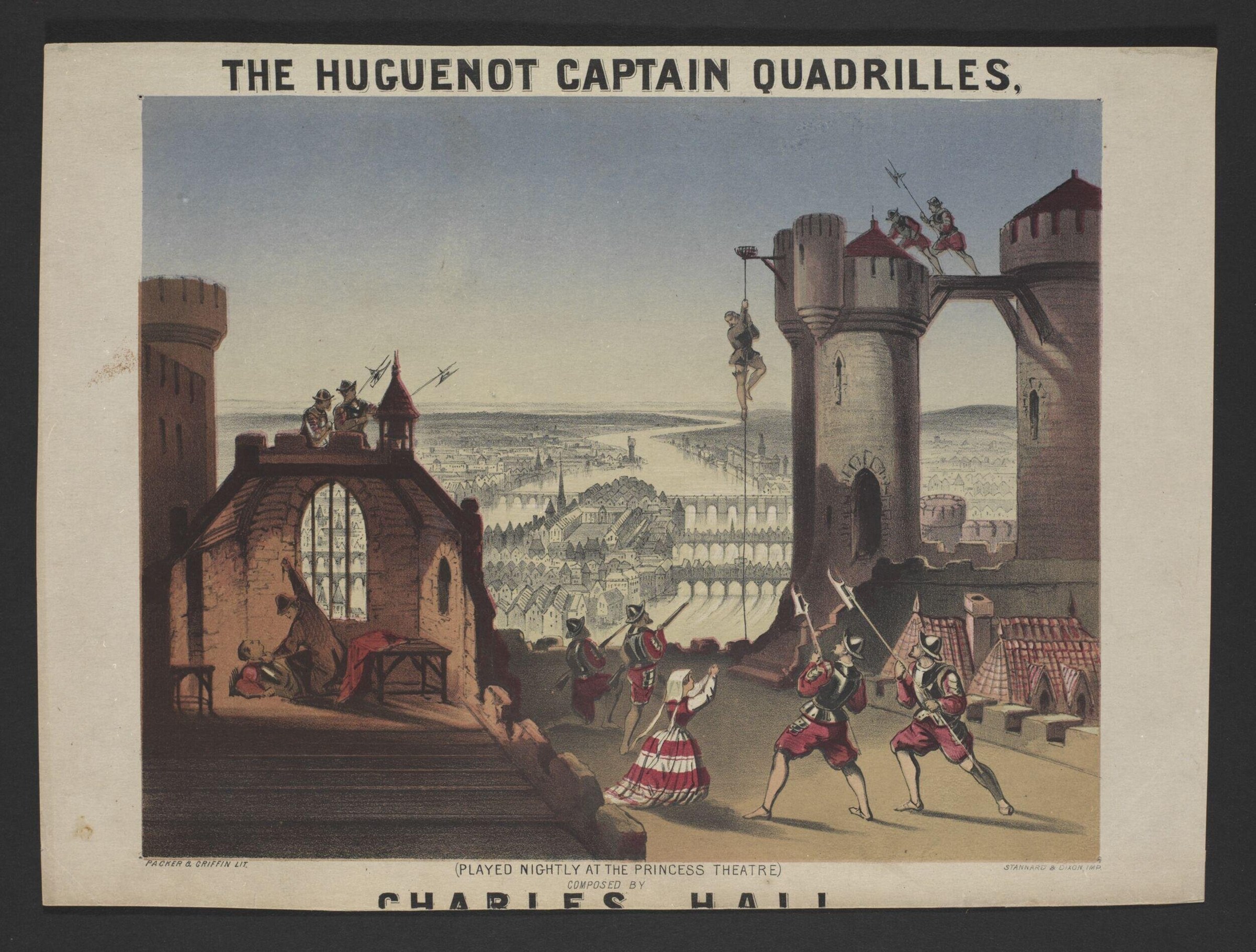 Three men in red-and-white striped breeches perform a military-themed quadrille on stage before a castle backdrop, holding pikes.