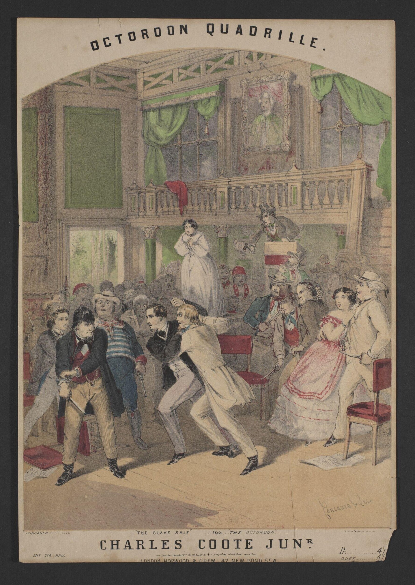 A hand-coloured engraving of a crowded ballroom with a central male figure in an exaggerated bent posture, surrounded by formally dressed spectators.