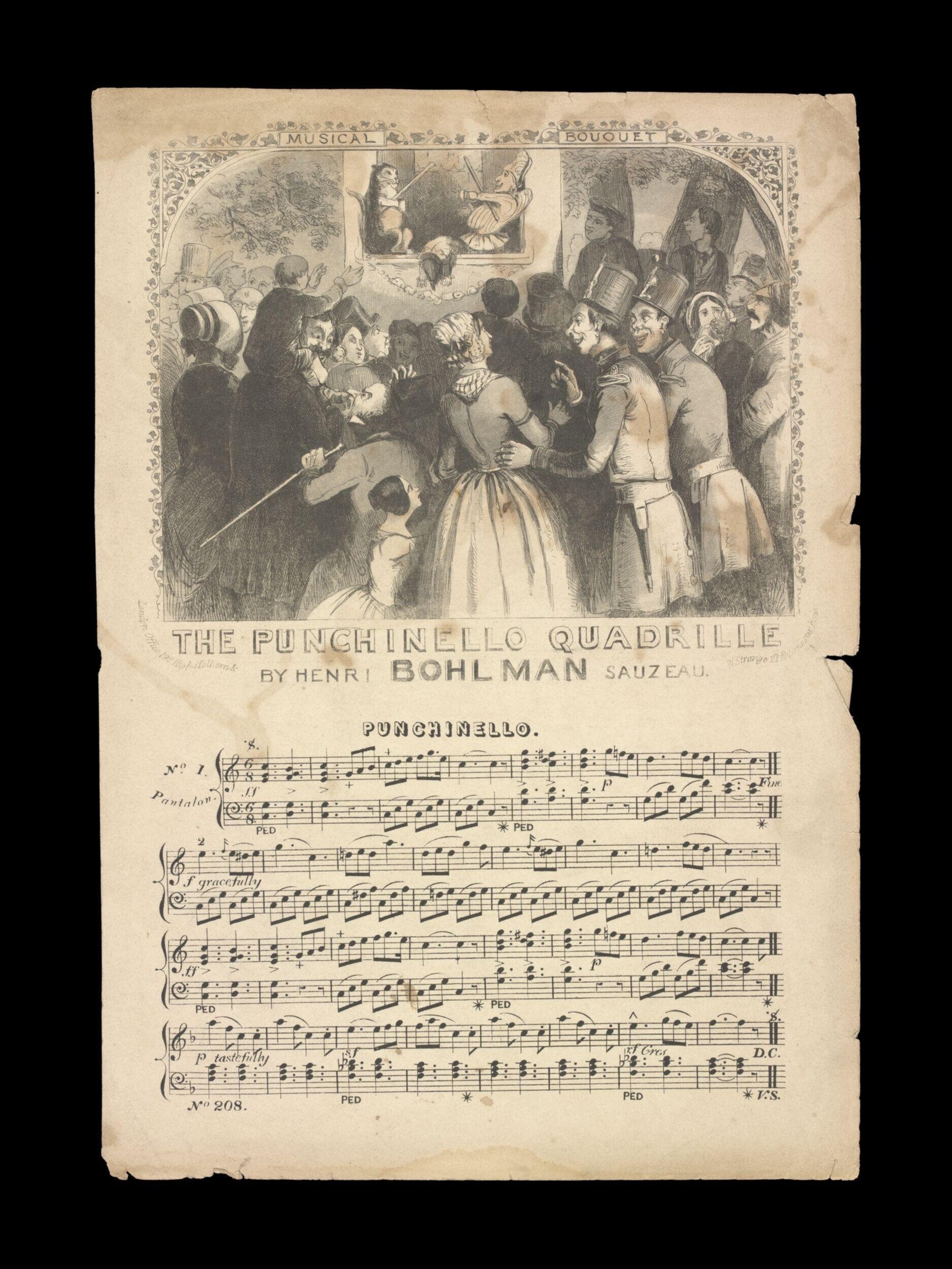 Satirical engraving of a crowded ballroom quadrille with figures in military dress and bonnets; musical score printed below.