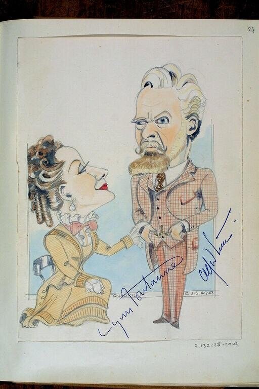 Watercolour caricature of a woman in ornate golden costume kneeling beside a stern man in a checked jacket, both exaggerated in profile.