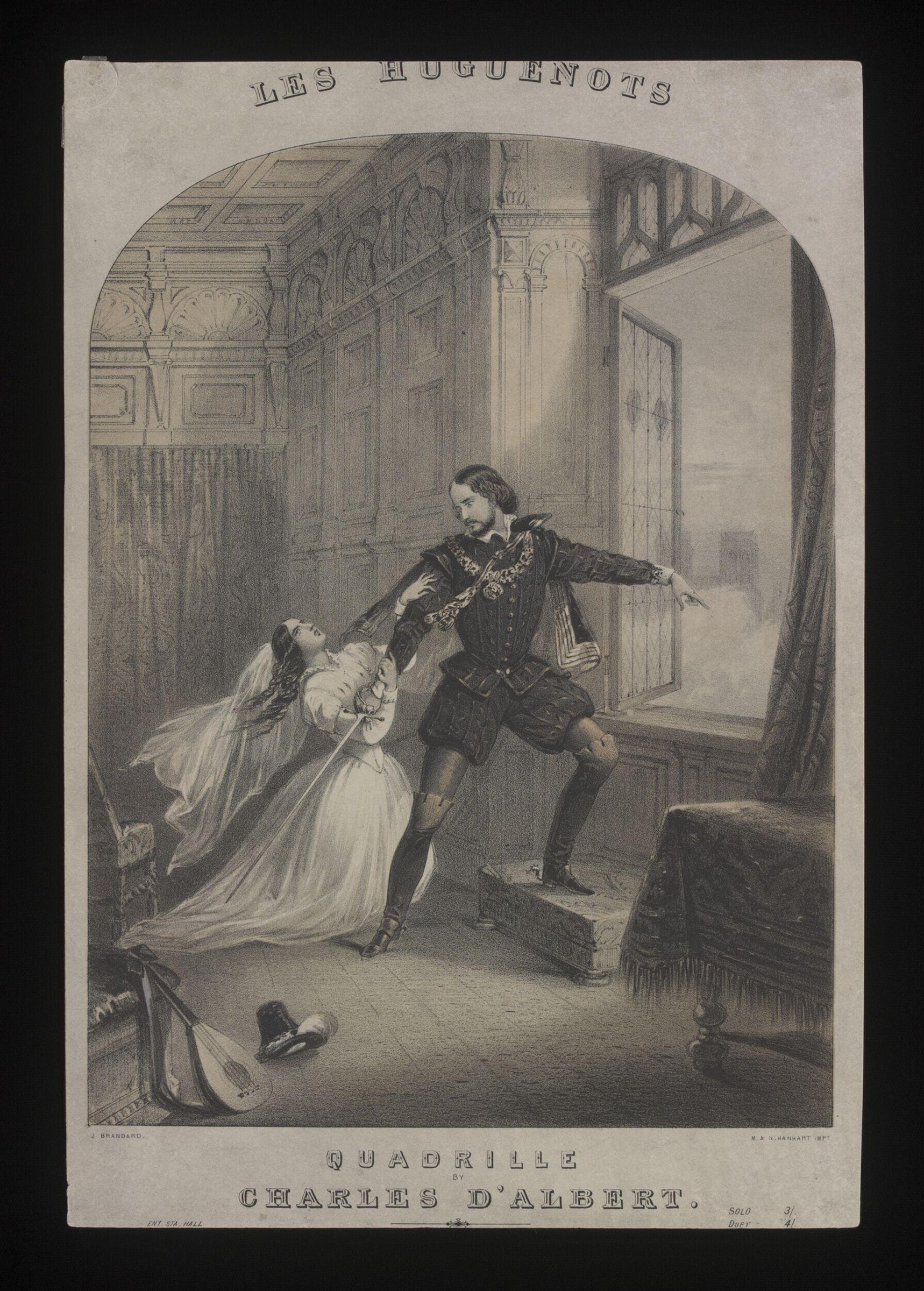 Steel engraving: a woman in a white wedding gown kneels before a man in military dress with outstretched arm in an ornate interior.