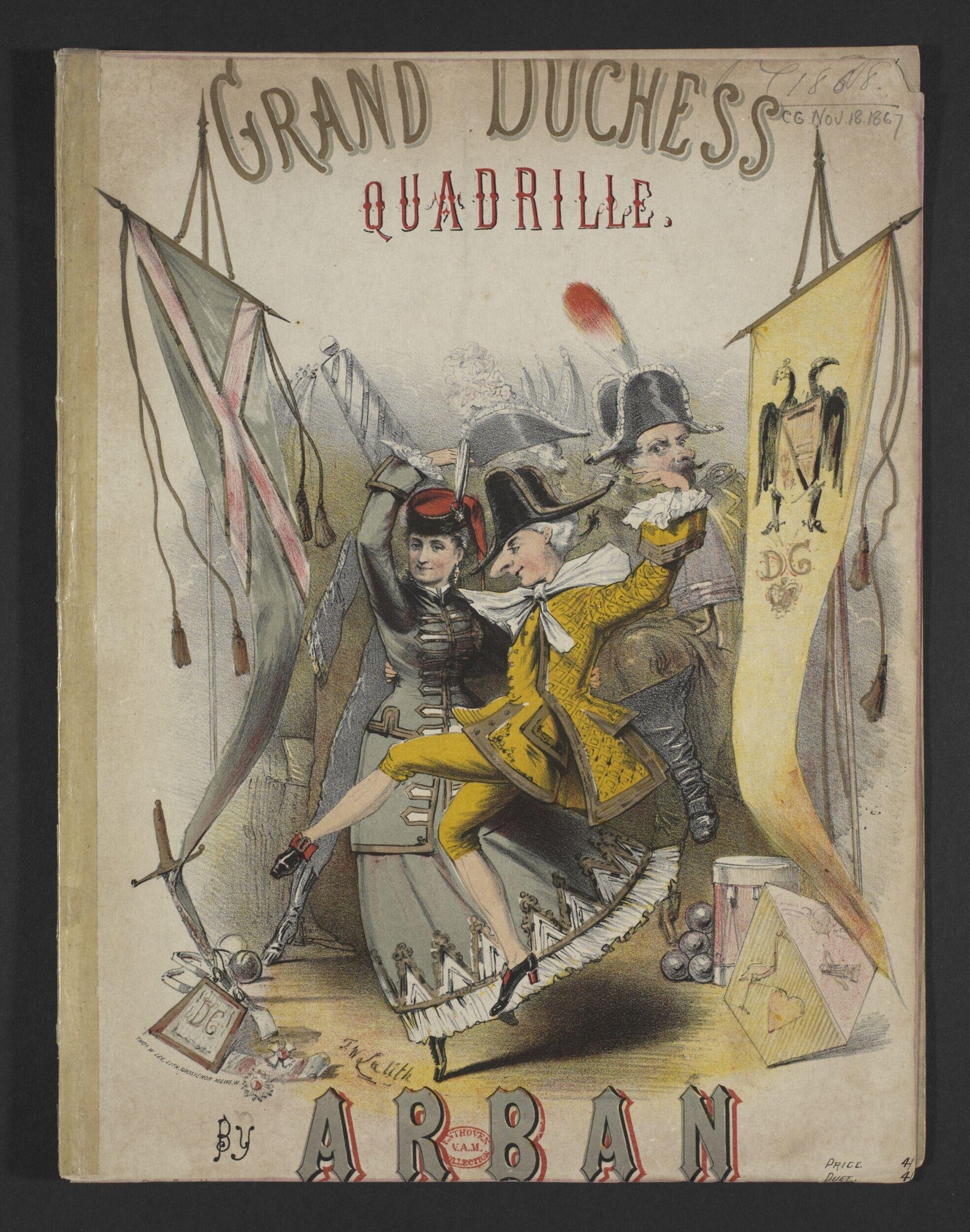 Colored lithograph sheet music cover showing a woman in a military jacket with leg extended, reclining in a man's lap, inside a military tent.
