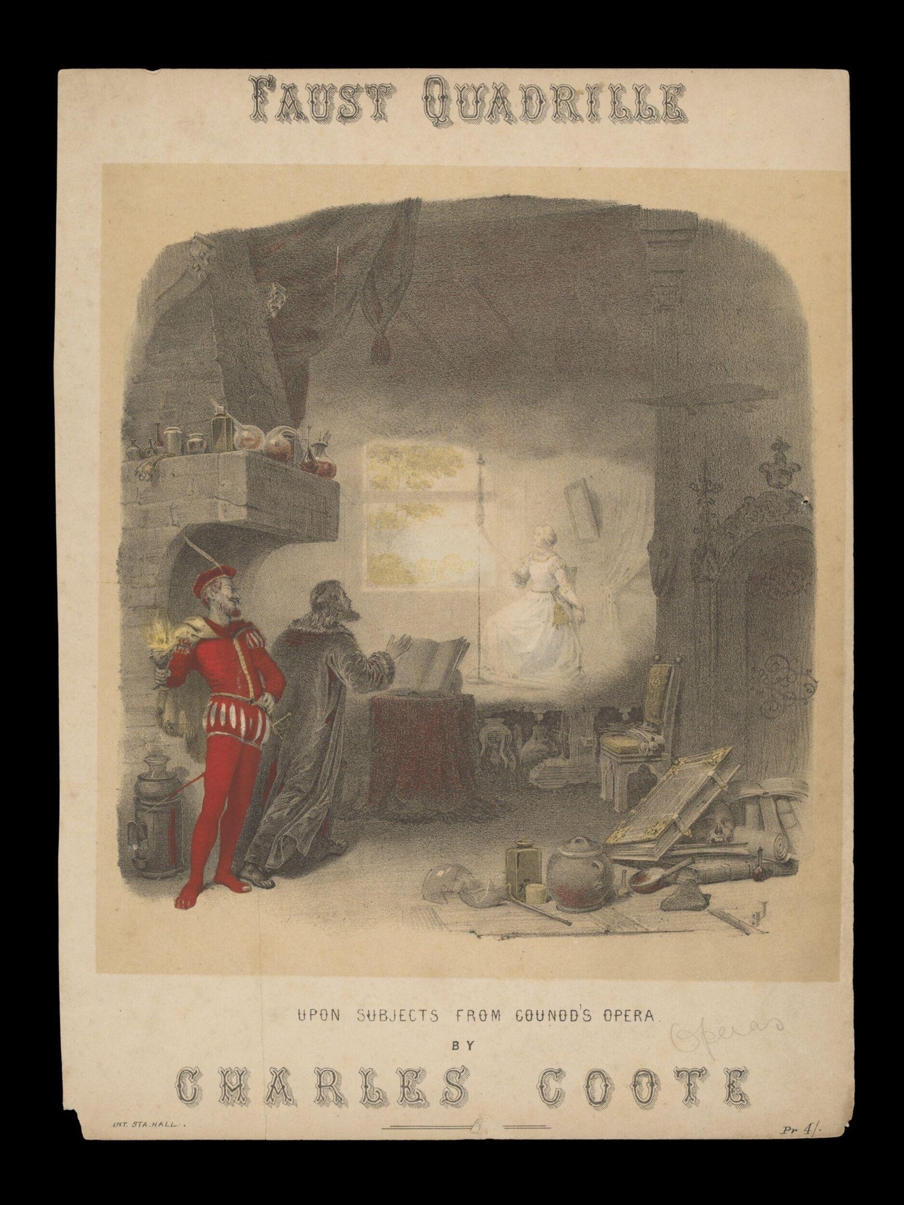 Hand-colored lithograph of three theatrical figures in a Gothic stone chamber; a glowing woman in white drapery at center, a man in red hose and tunic to the