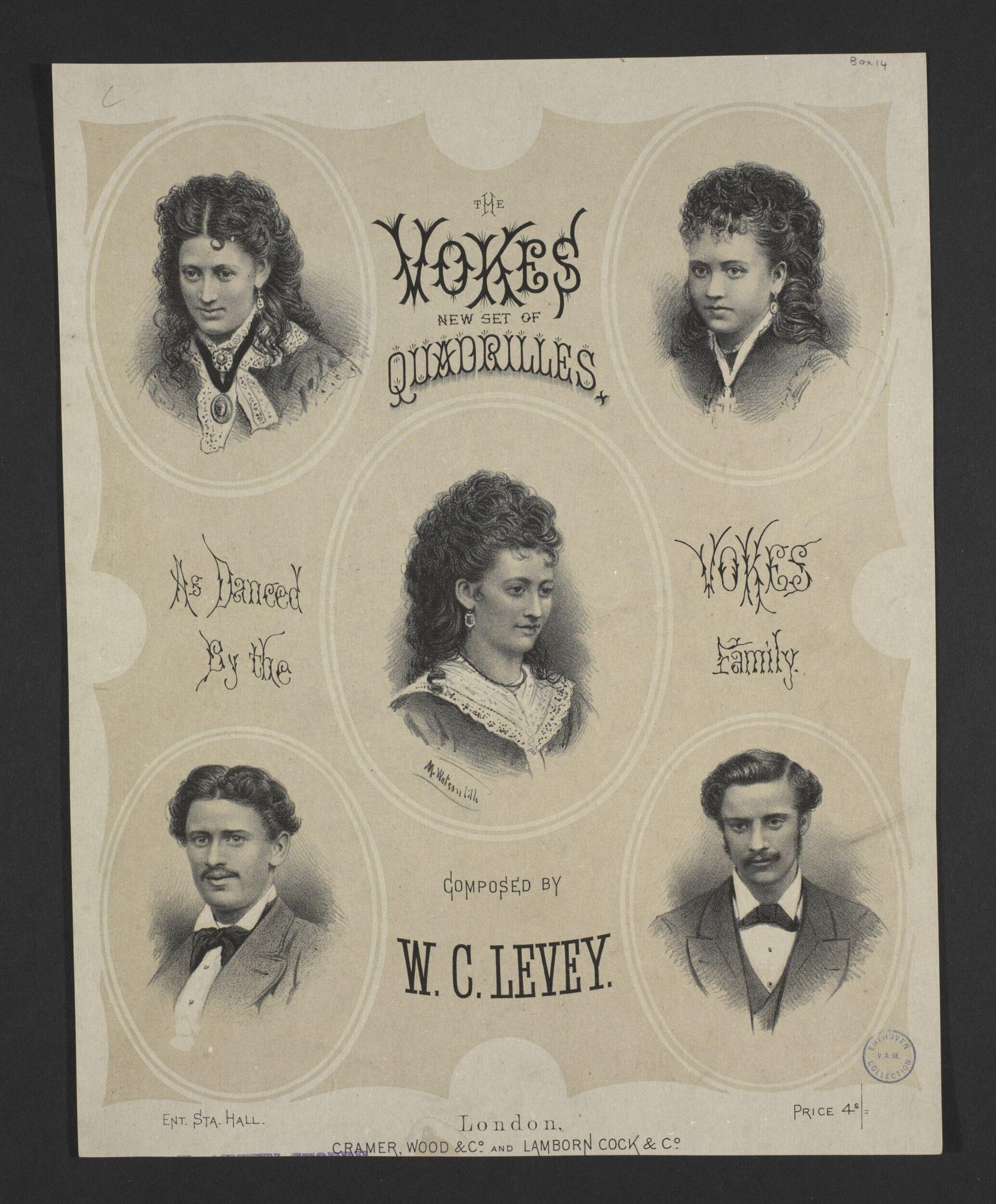 Five portrait engravings of the Vokes family arranged in ovals on a sheet music cover for a theatrical quadrille, 1870s London.