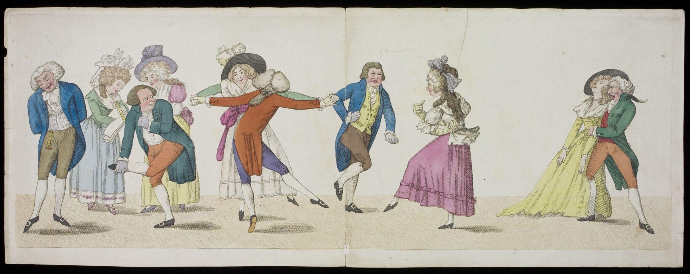 Seven fashionable figures in Regency dress arranged in a line; the central figure leaps with arms spread while others stand formally around him.