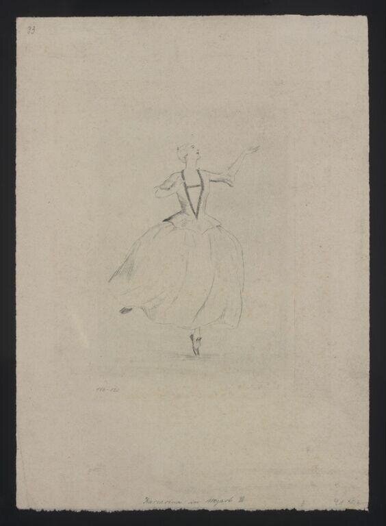 Pencil sketch of a classical ballet dancer in an upright pose with raised arms and a full tutu skirt, drawn on aged paper.