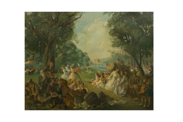 Oil painting of a Rococo-revival garden party with dozens of elegantly dressed figures scattered across a sunlit meadow beneath trees and architecture.