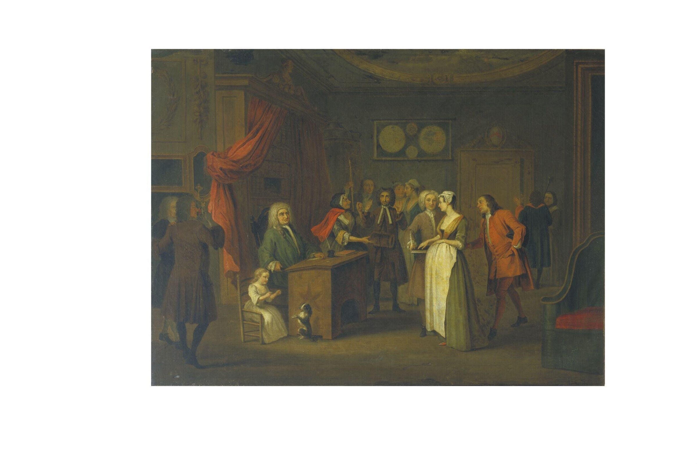 An 18th-century assembly in a formal interior, with elegantly dressed figures standing and conversing; a woman in pale yellow at center, a small child seated