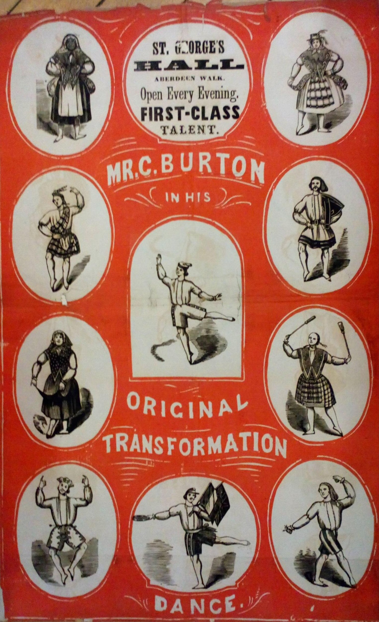 Red poster with 12 oval engravings showing a male dancer in various acrobatic poses, central split-leap, announcing C. Burton in Original Transformation Dance