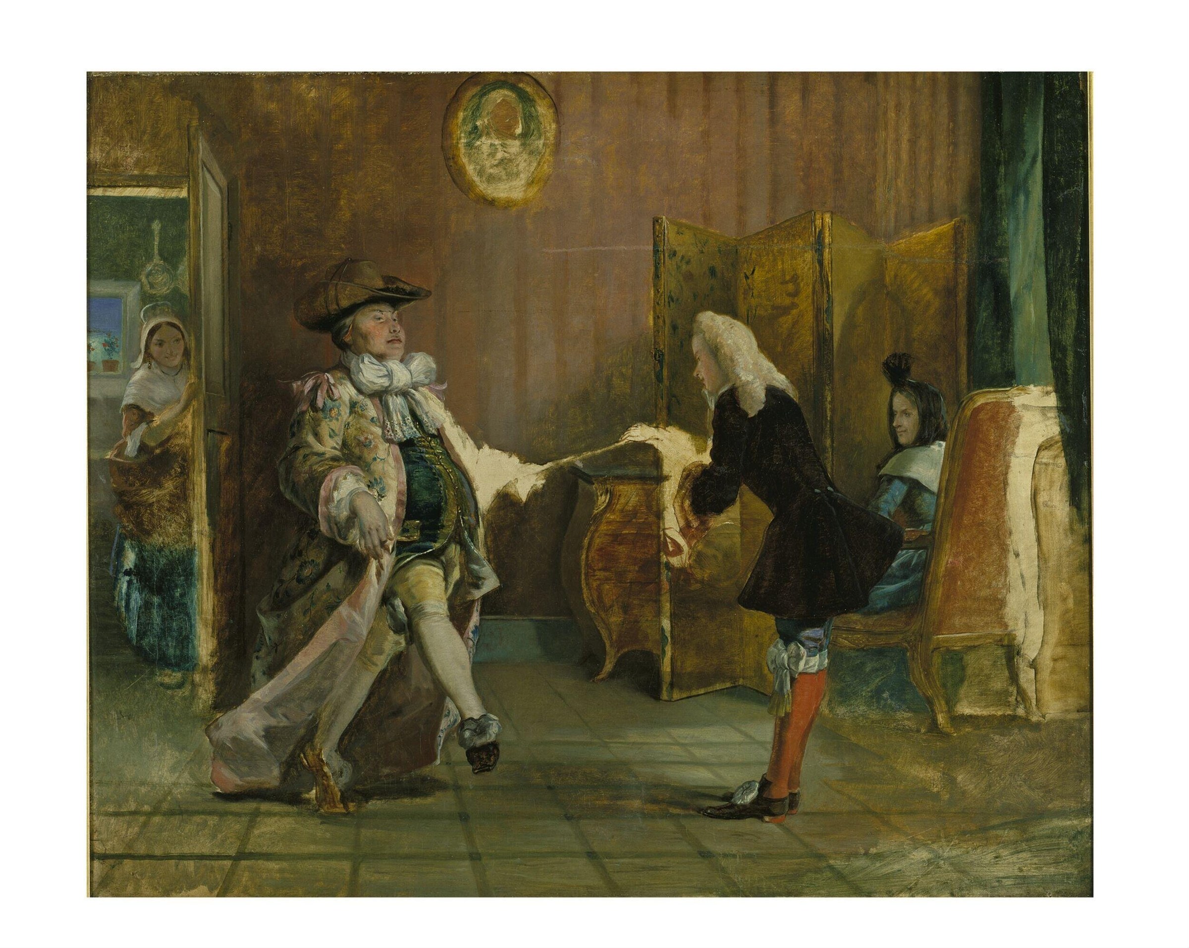 Man in feathered hat and embroidered coat practices an affected dance posture while an older woman instructs and two children watch in a shabby interior.