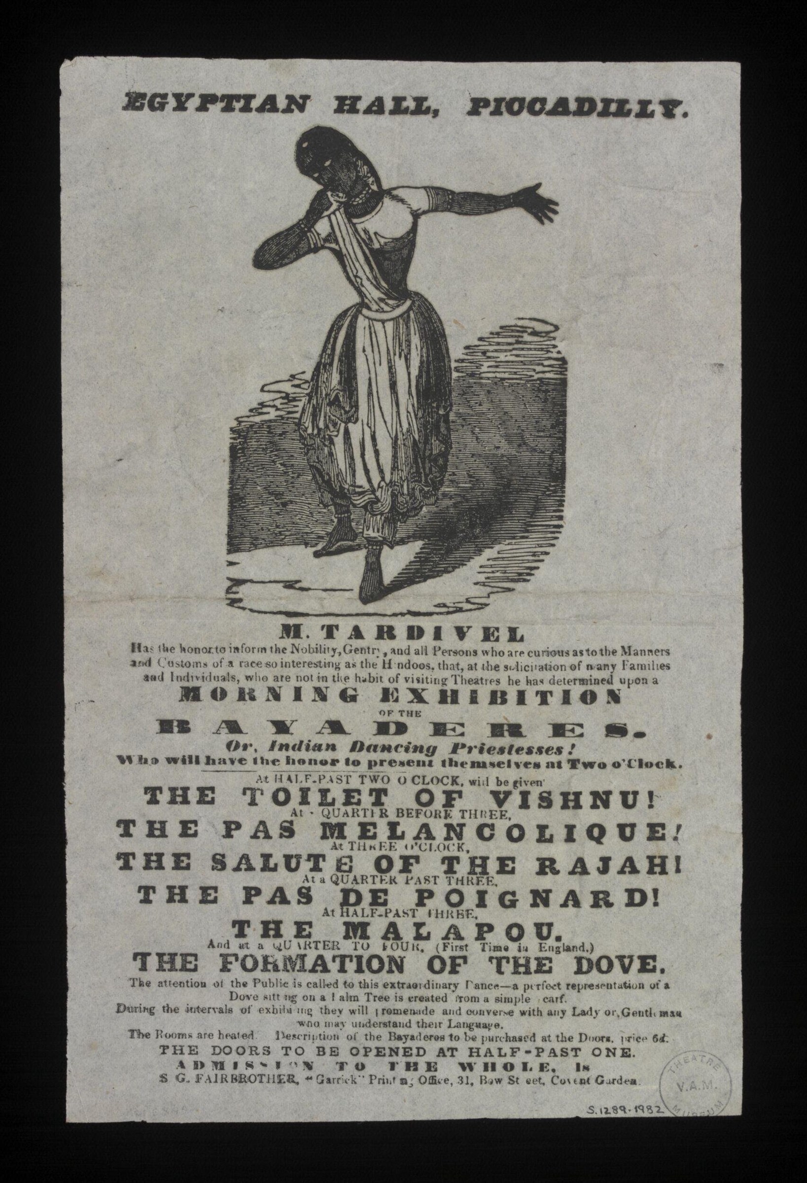 Wood engraving of a woman in long skirt and turban standing in formal pose, arm extended, from a Victorian theatre handbill.
