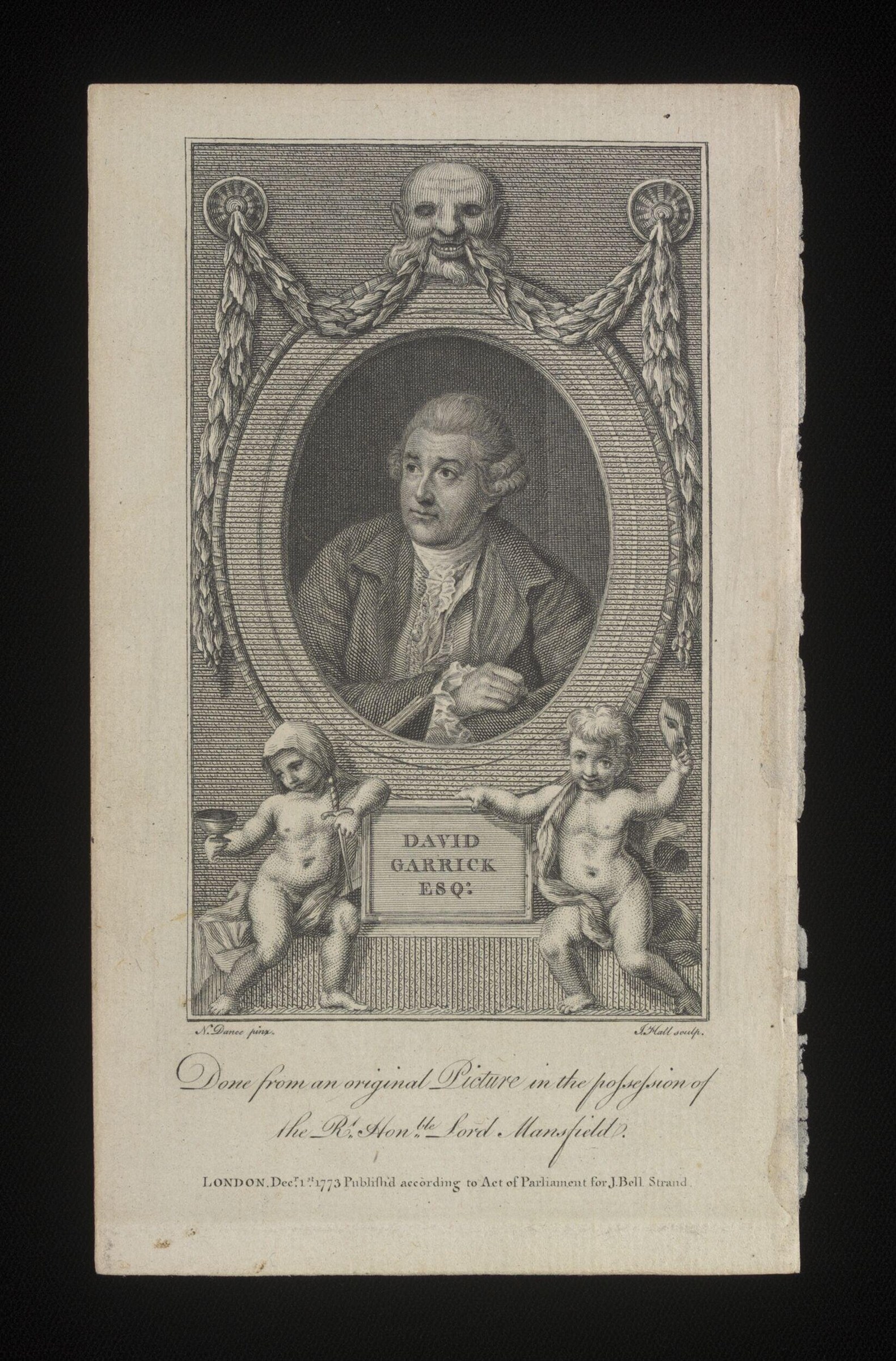 Engraved portrait of David Garrick in a circular frame, surrounded by classical ornaments, laurel wreaths, and cherubs holding an inscription cartouche.