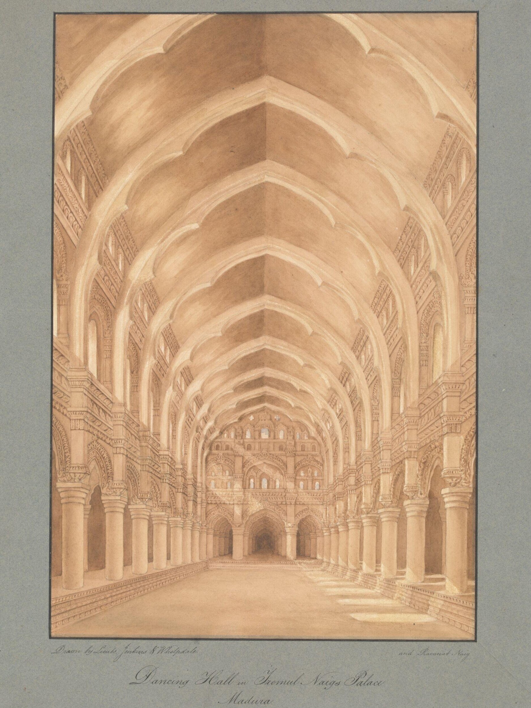Sepia architectural drawing of a vast interior hall with barrel vaults, colonnades, and decorated wall panels receding into distance, uninhabited.