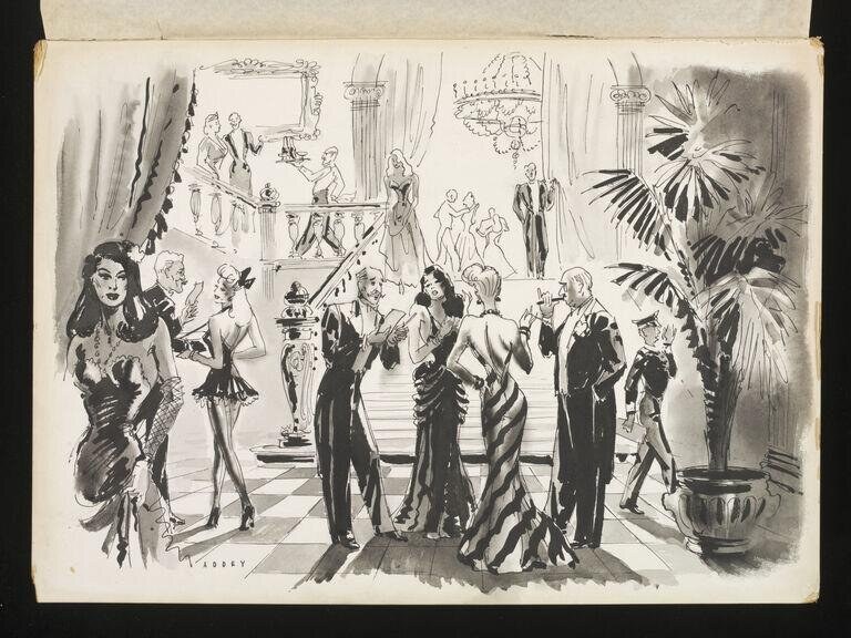 Ink drawing of formal evening reception with couples ballroom dancing amid a crowd in an elegant interior with columns and palms.