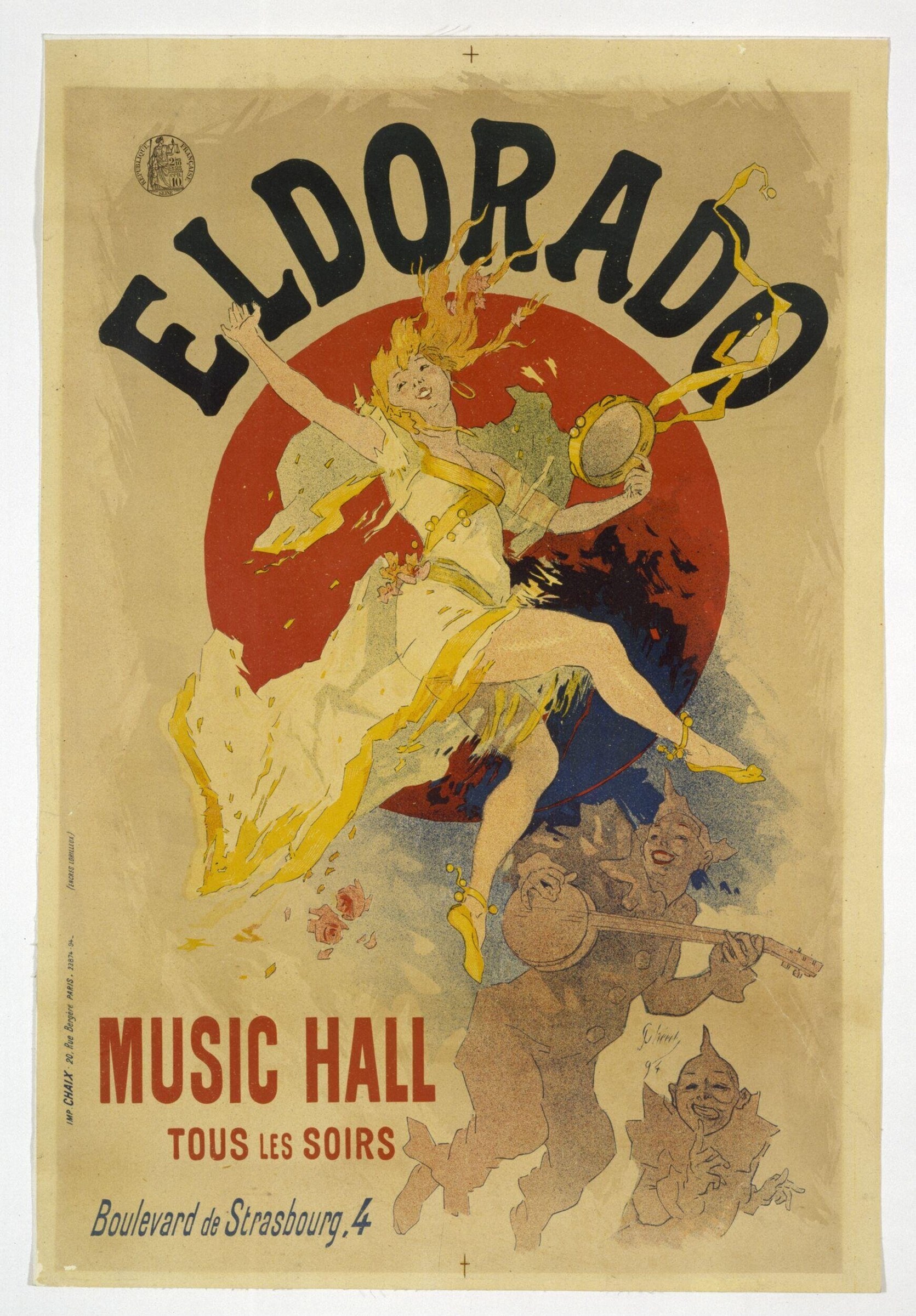 Chromolithographic poster of exuberant female dancer mid-leap in yellow corset against red circle, musician below, caricatured male faces, with "ELDORADO" text.