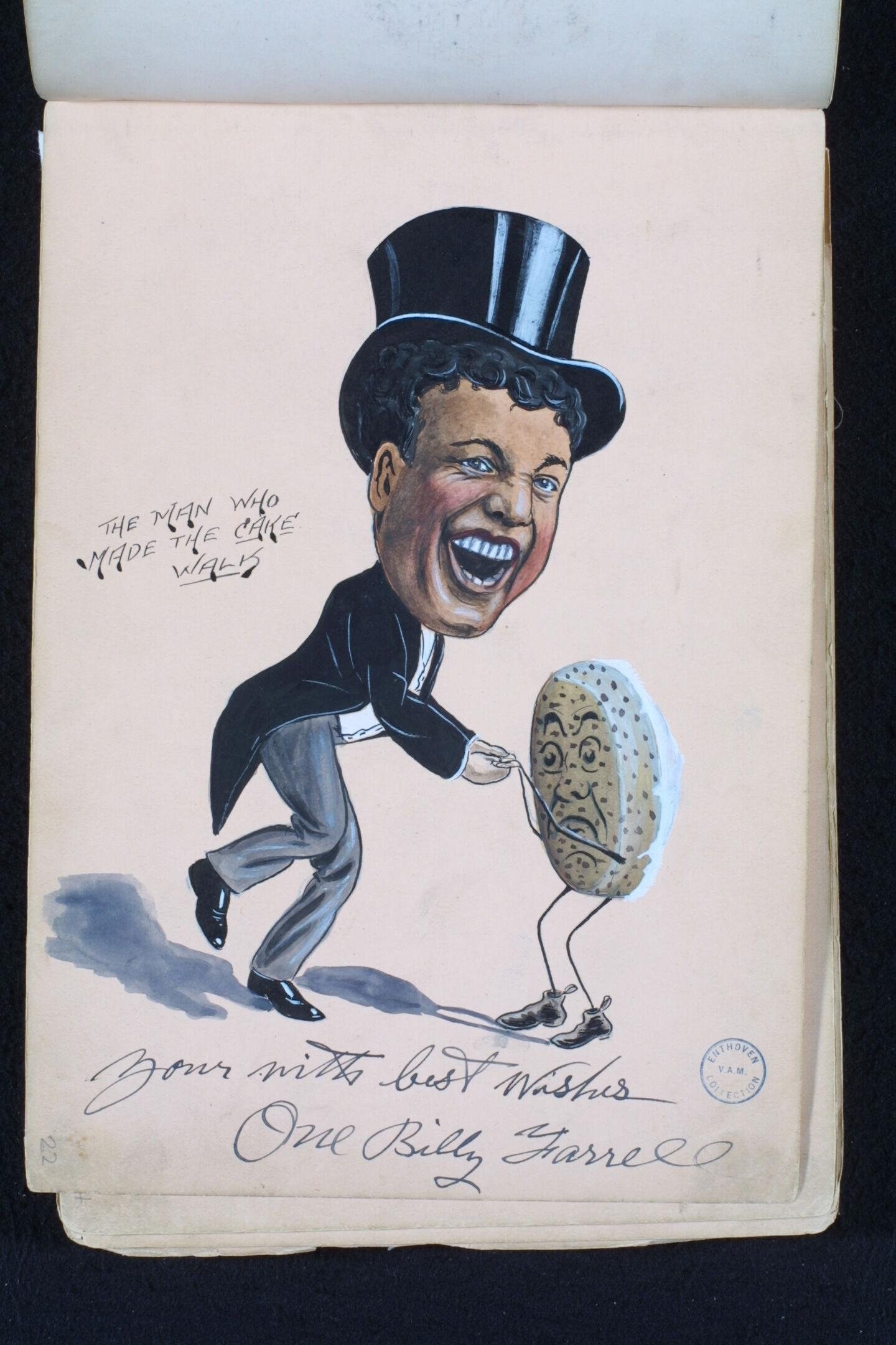 Hand-colored caricature of a grinning man in formal dress leaning forward, beside an anthropomorphized cake with a face, labeled 'The Man Who Made the Cake
