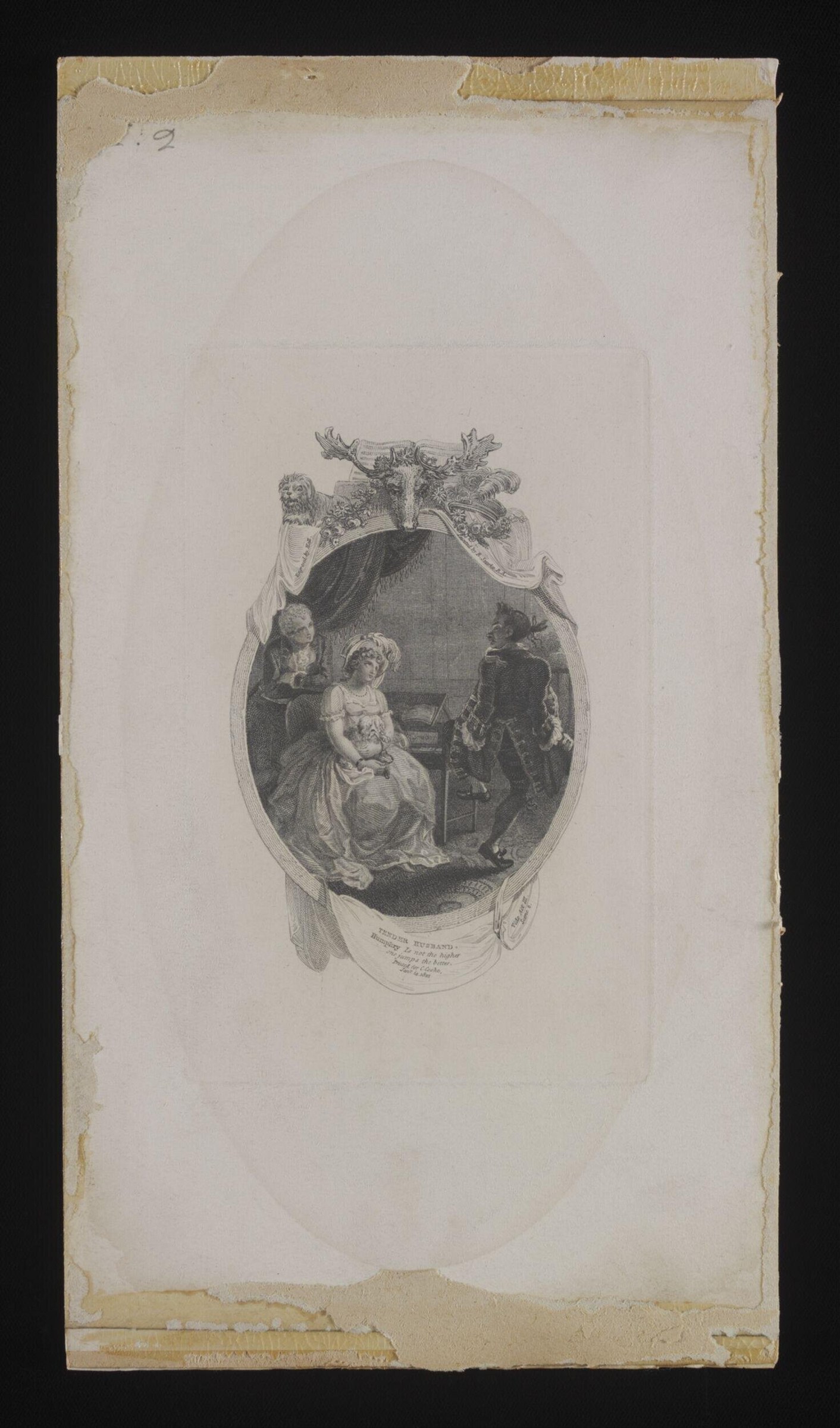 Oval-framed line engraving showing a seated woman in white, a standing gentleman in dark dress, and an attending page in an interior with draped ceiling.