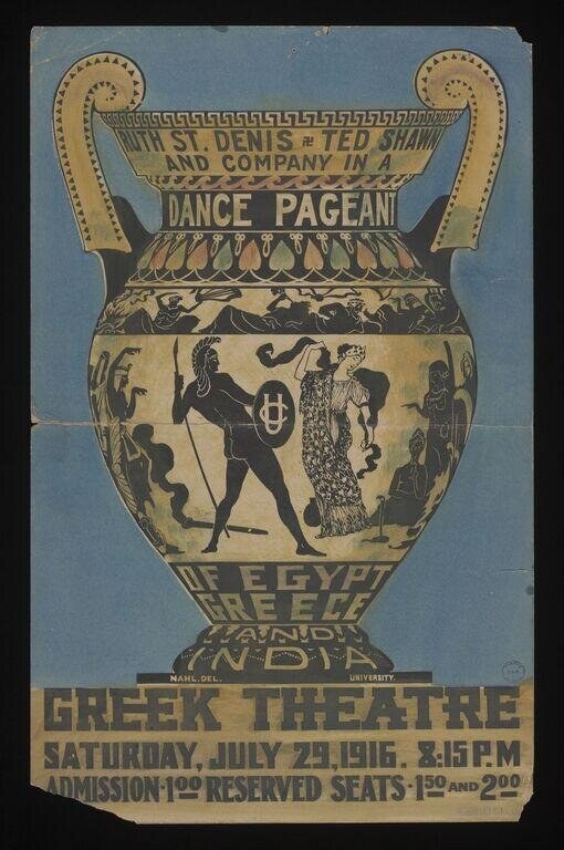 Poster advertising a 1916 dance pageant by Ruth St. Denis and Ted Shawn, featuring silhouetted dancers on a classical Greek vase against a blue ground.