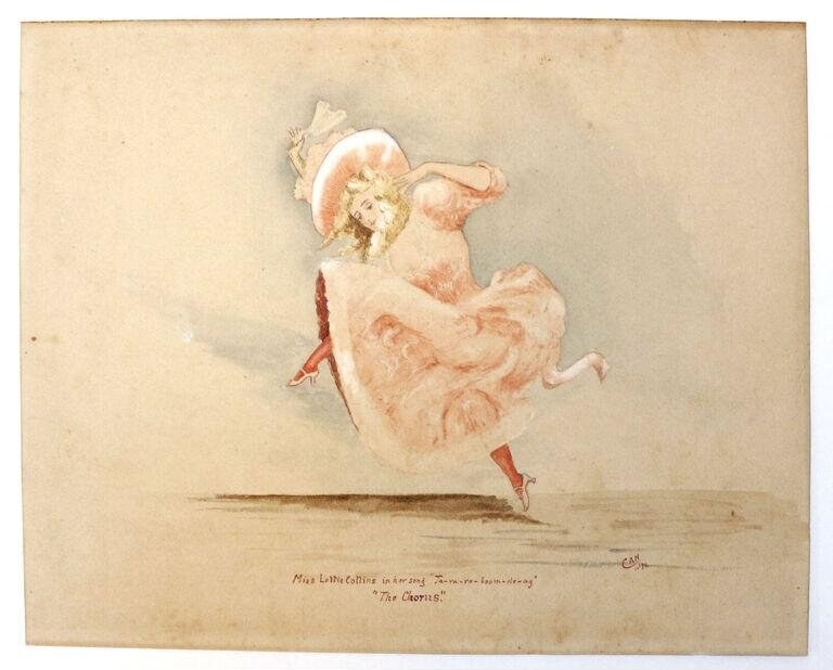 A woman in a pale pink dress and white bonnet dances energetically, her skirt billowing, arms raised, captured mid-movement.