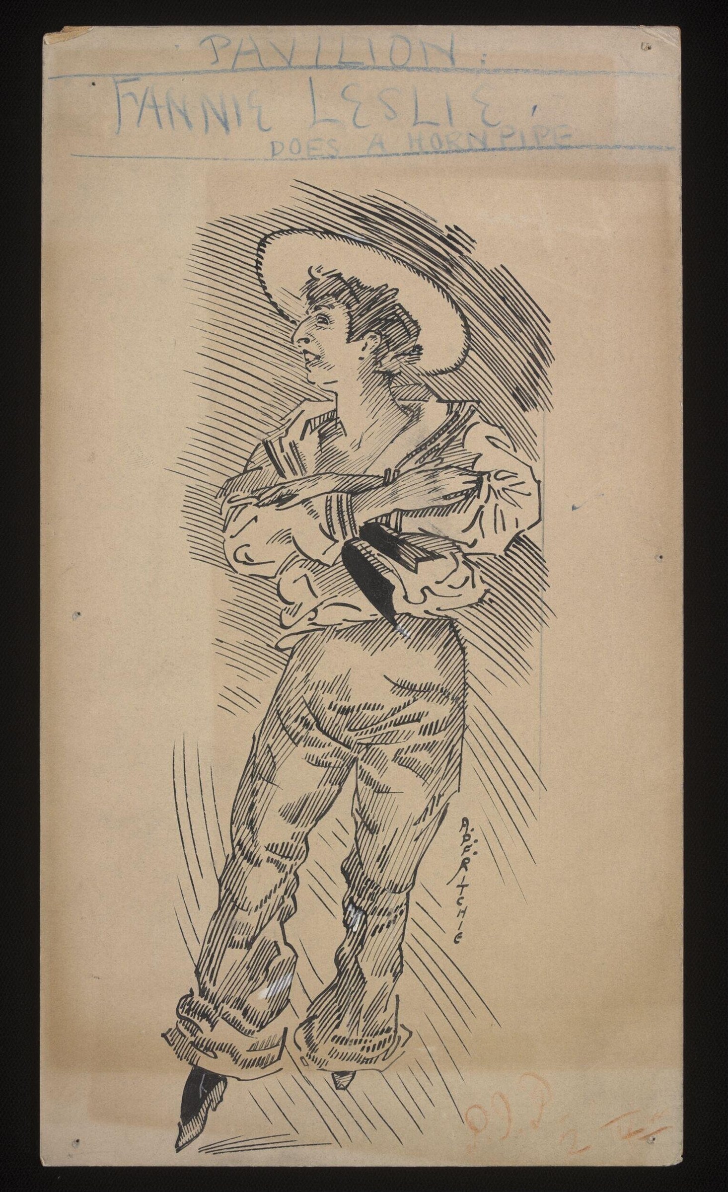 Pen and ink drawing of a male figure in profile wearing a top hat, formal jacket, and knickers, standing in a posed theatrical stance with one arm extended.